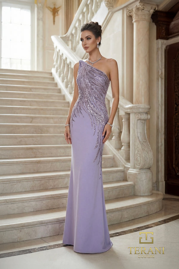 One-Shoulder Floor-Length Sequin Formal Sheath Terani 262E7354