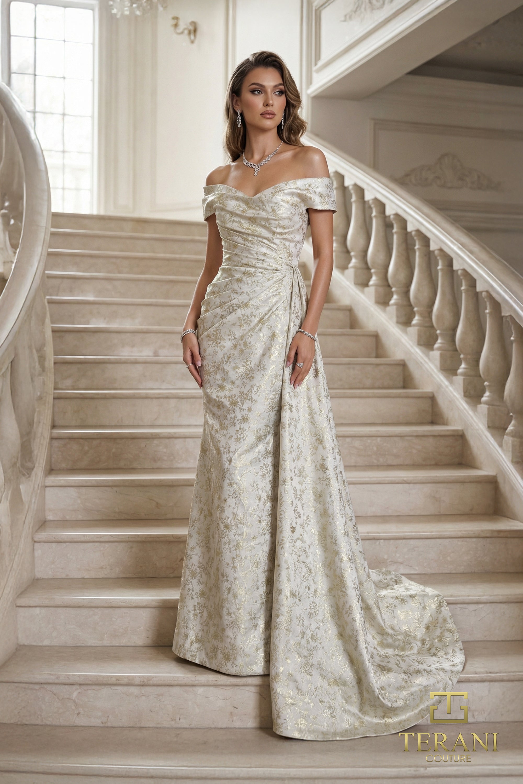 Off-the-Shoulder Floor-Length Satin Formal A-Line Terani Couture 262E7537
