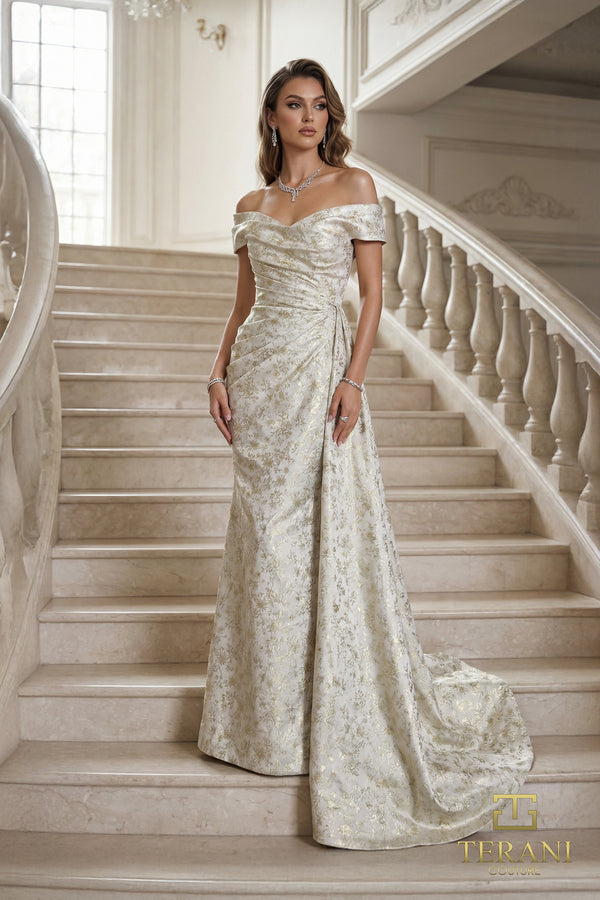 Off-the-Shoulder Floor-Length Satin Formal A-Line Terani Couture 262E7537