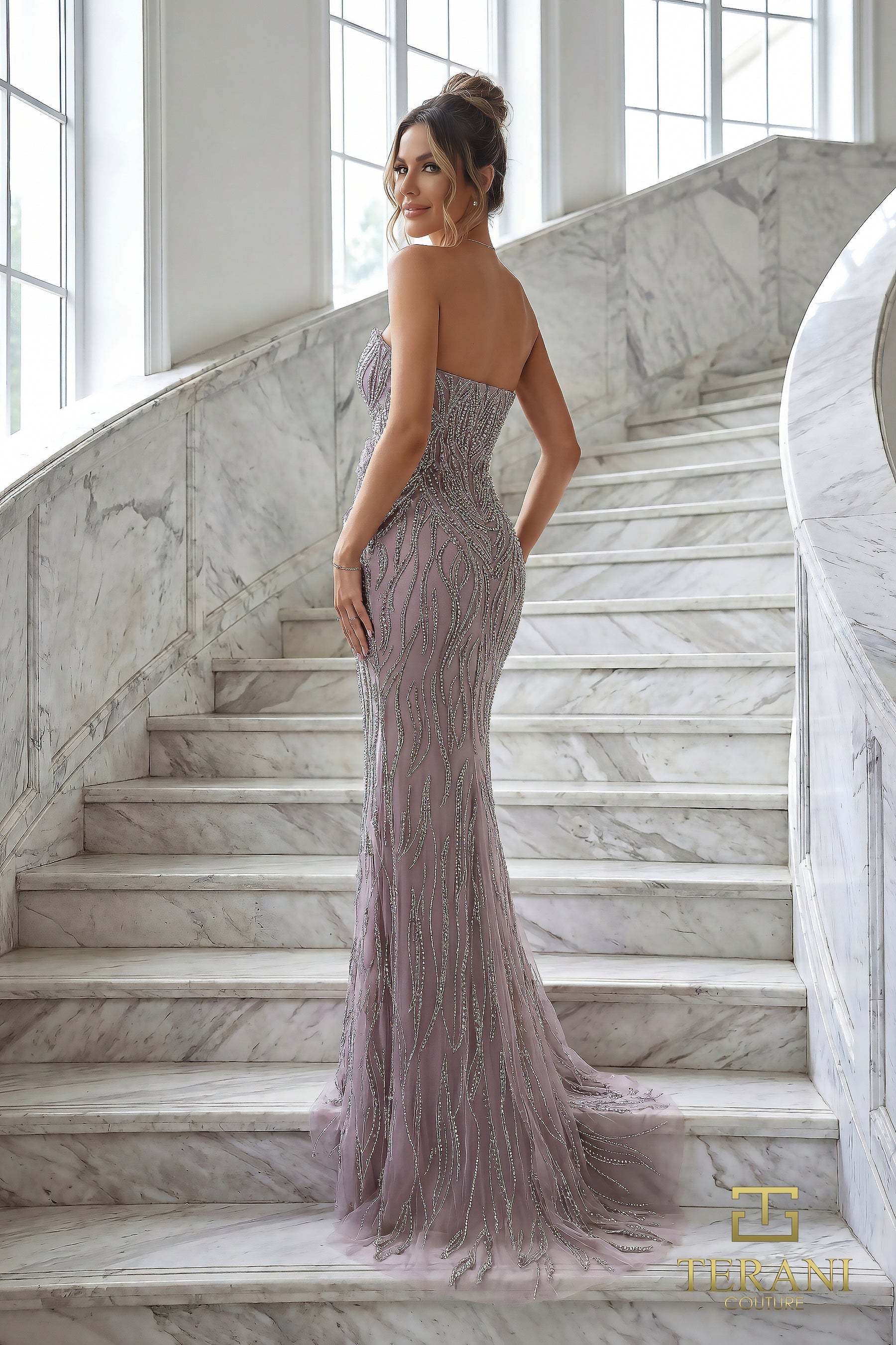 Strapless Curved Neck Floor-Length Tulle Formal Sheath/Column Terani Couture 262GL7180