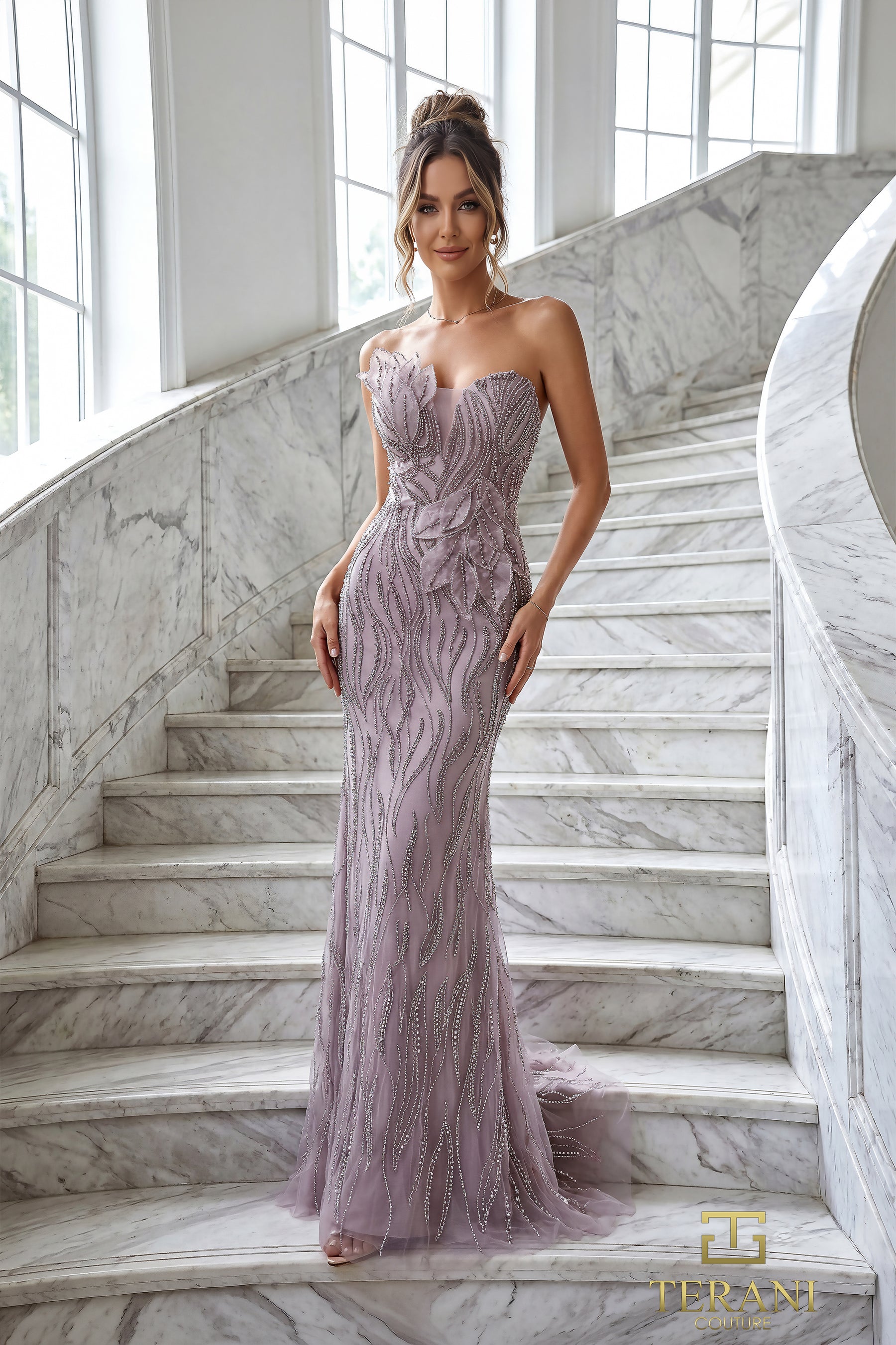 Strapless Curved Neck Floor-Length Tulle Formal Sheath/Column Terani Couture 262GL7180