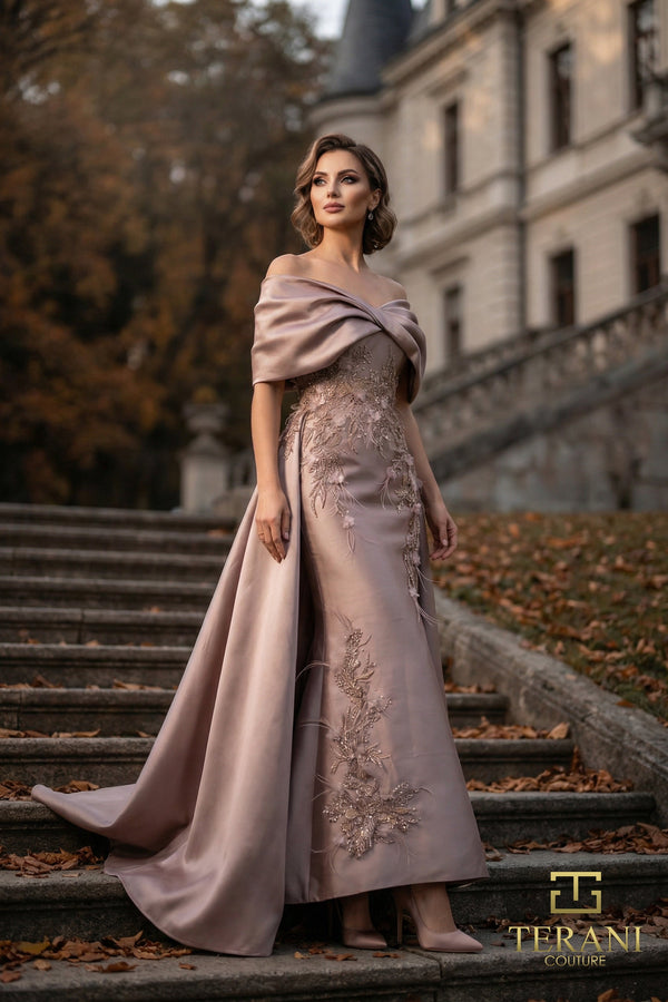 Off-the-Shoulder Floor-Length Satin Formal Sheath Column Terani Couture 262M7271