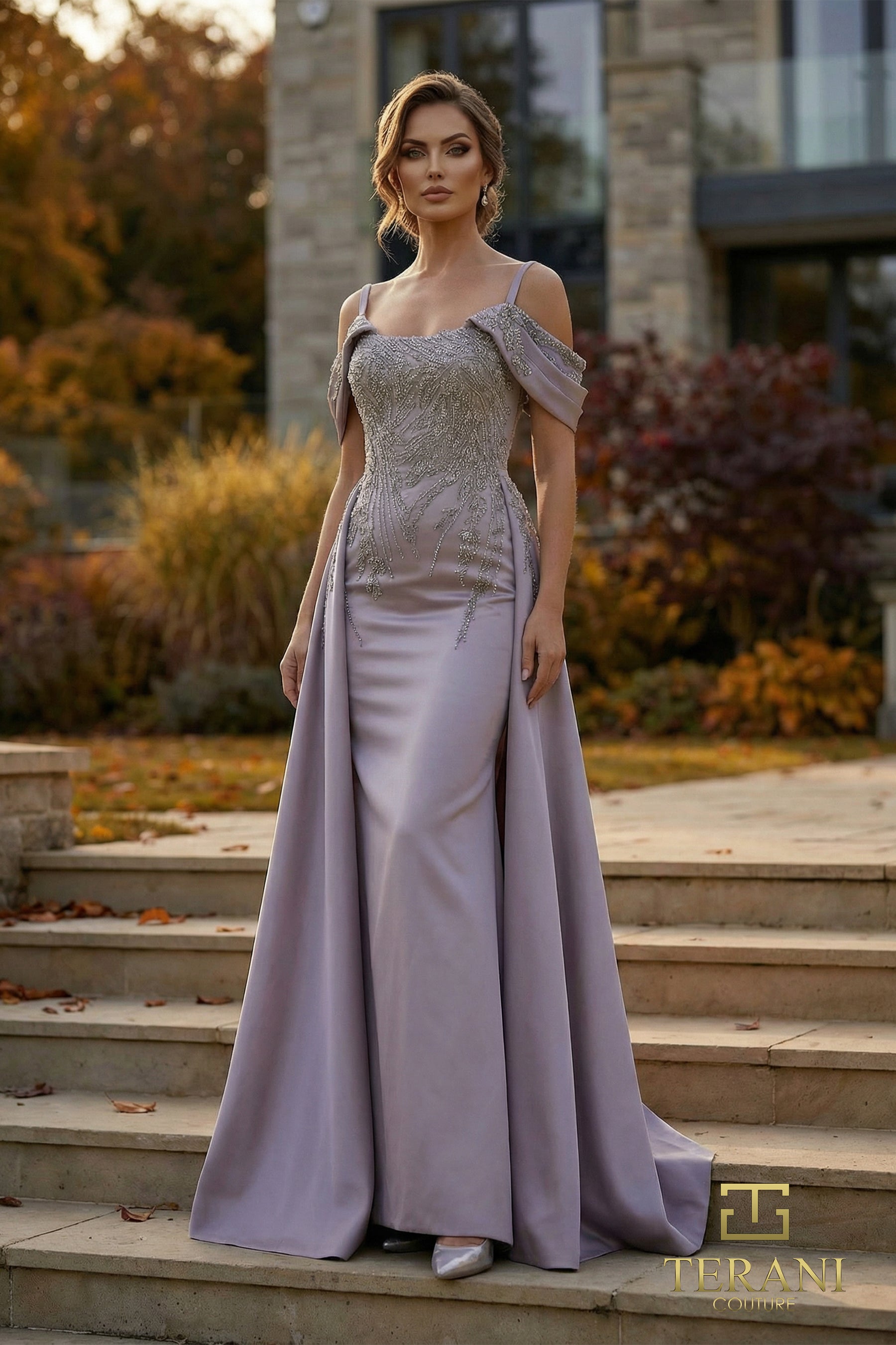 Cold-Shoulder Floor-Length Satin Formal A-Line Terani Couture 262M7286