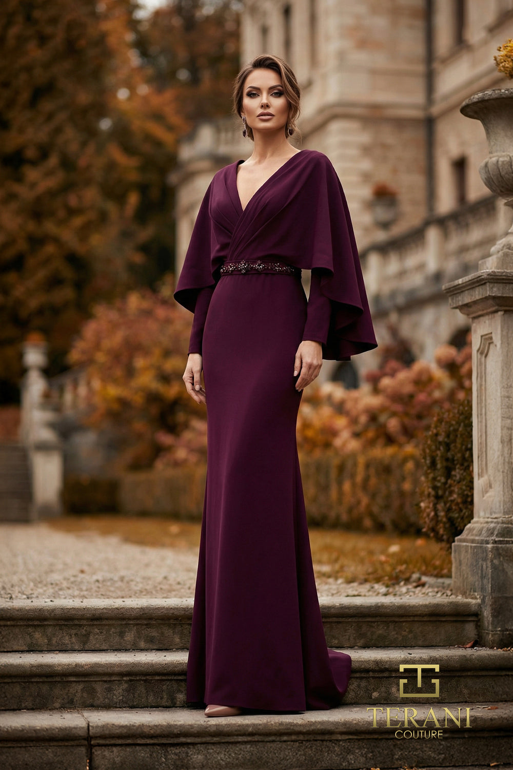 V-Neck Floor-Length Crepe Formal Sheath Terani Couture 262M7295