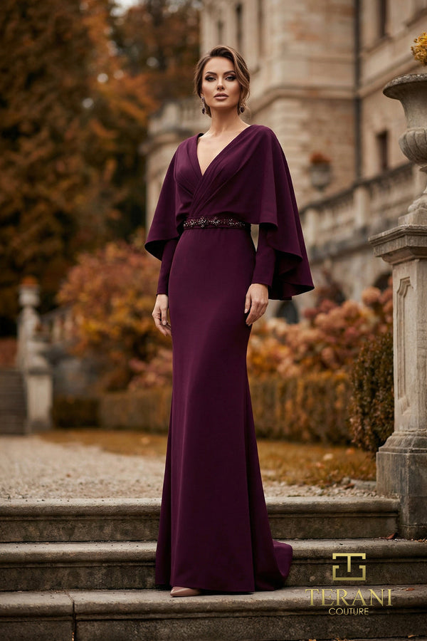 V-Neck Floor-Length Crepe Formal Sheath Terani Couture 262M7295