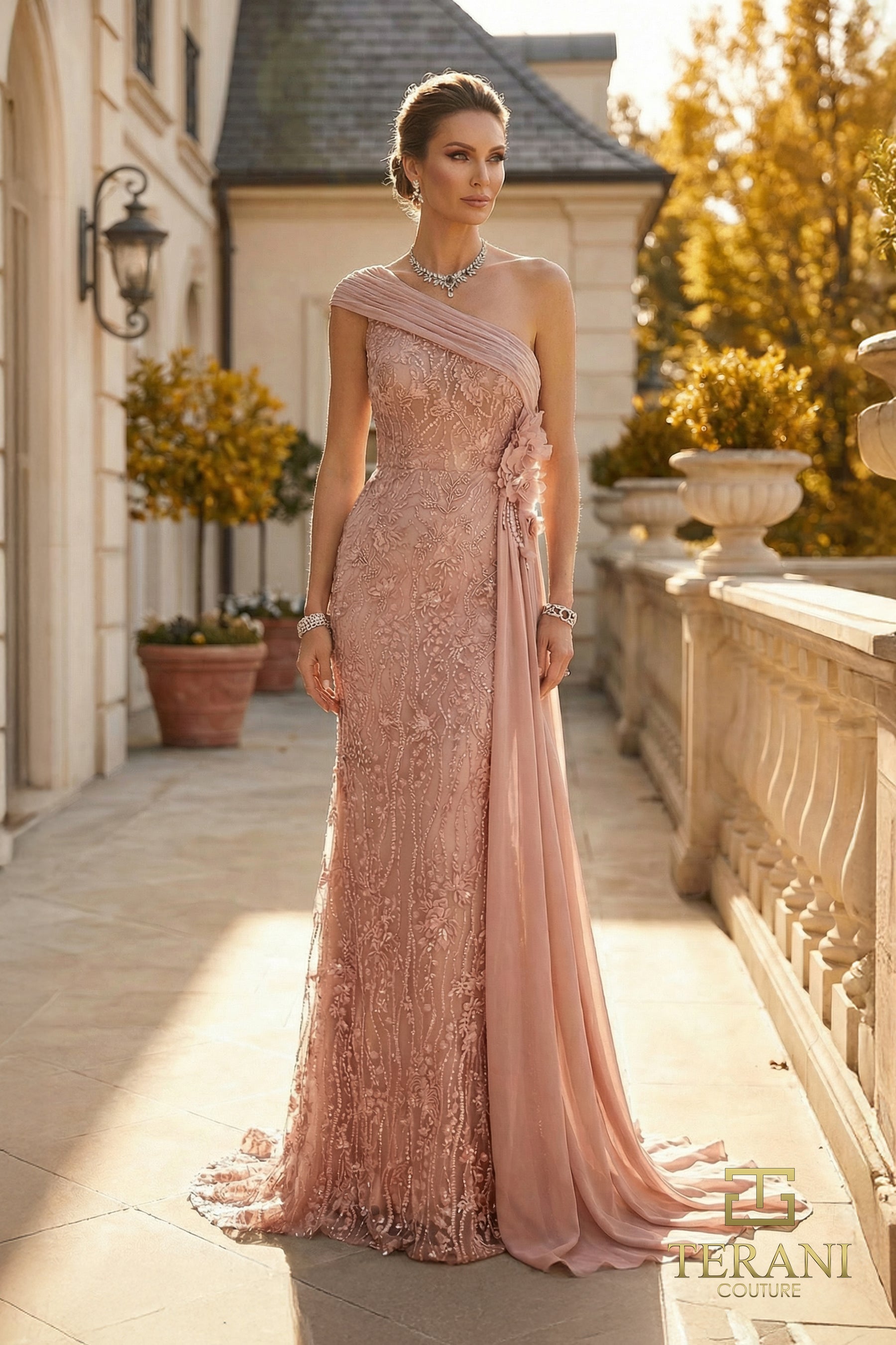 One-Shoulder Floor-Length Lace Formal Sheath Terani 262M7308