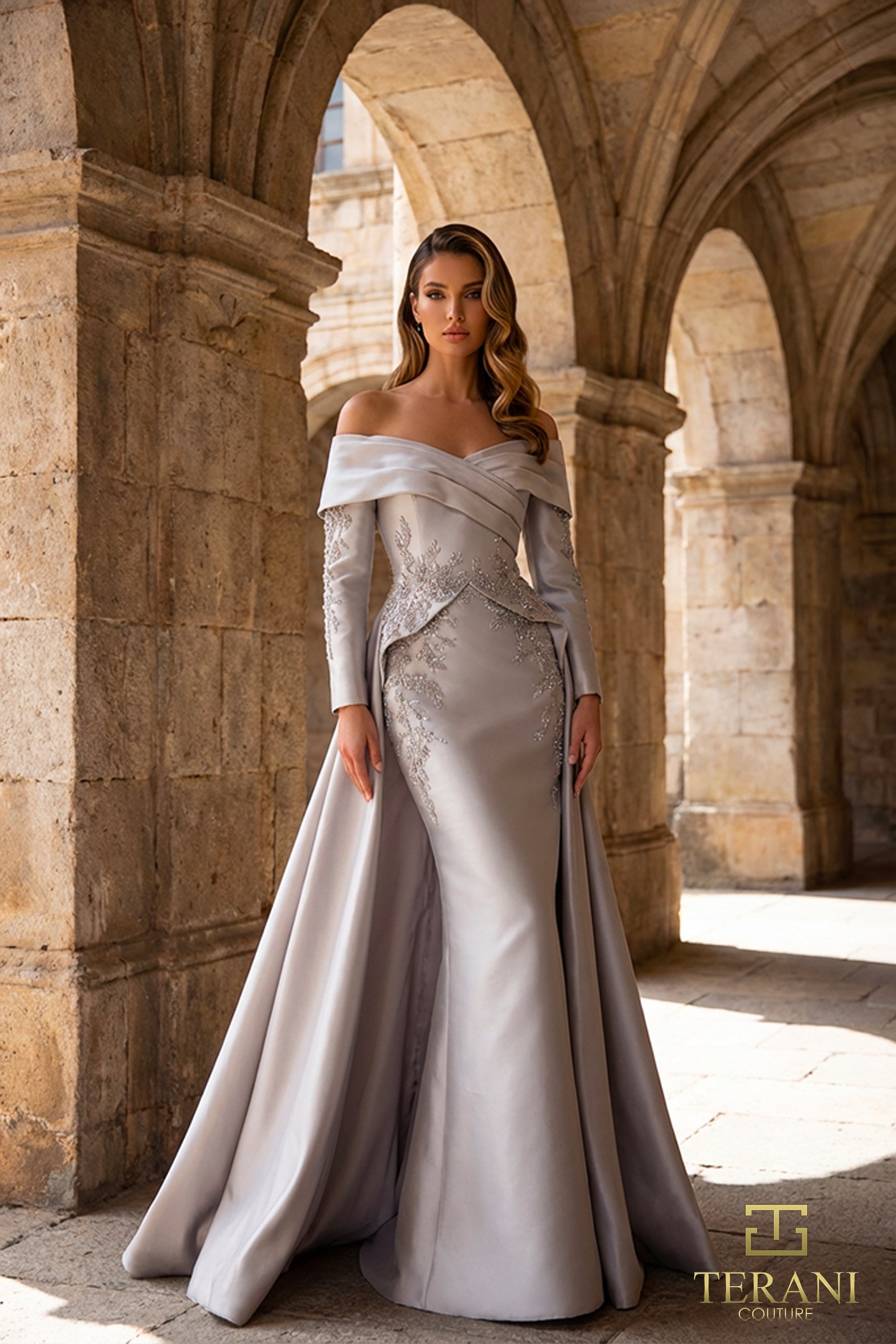 Off-the-Shoulder Floor-Length Satin Formal Mermaid Terani Couture 262M7315