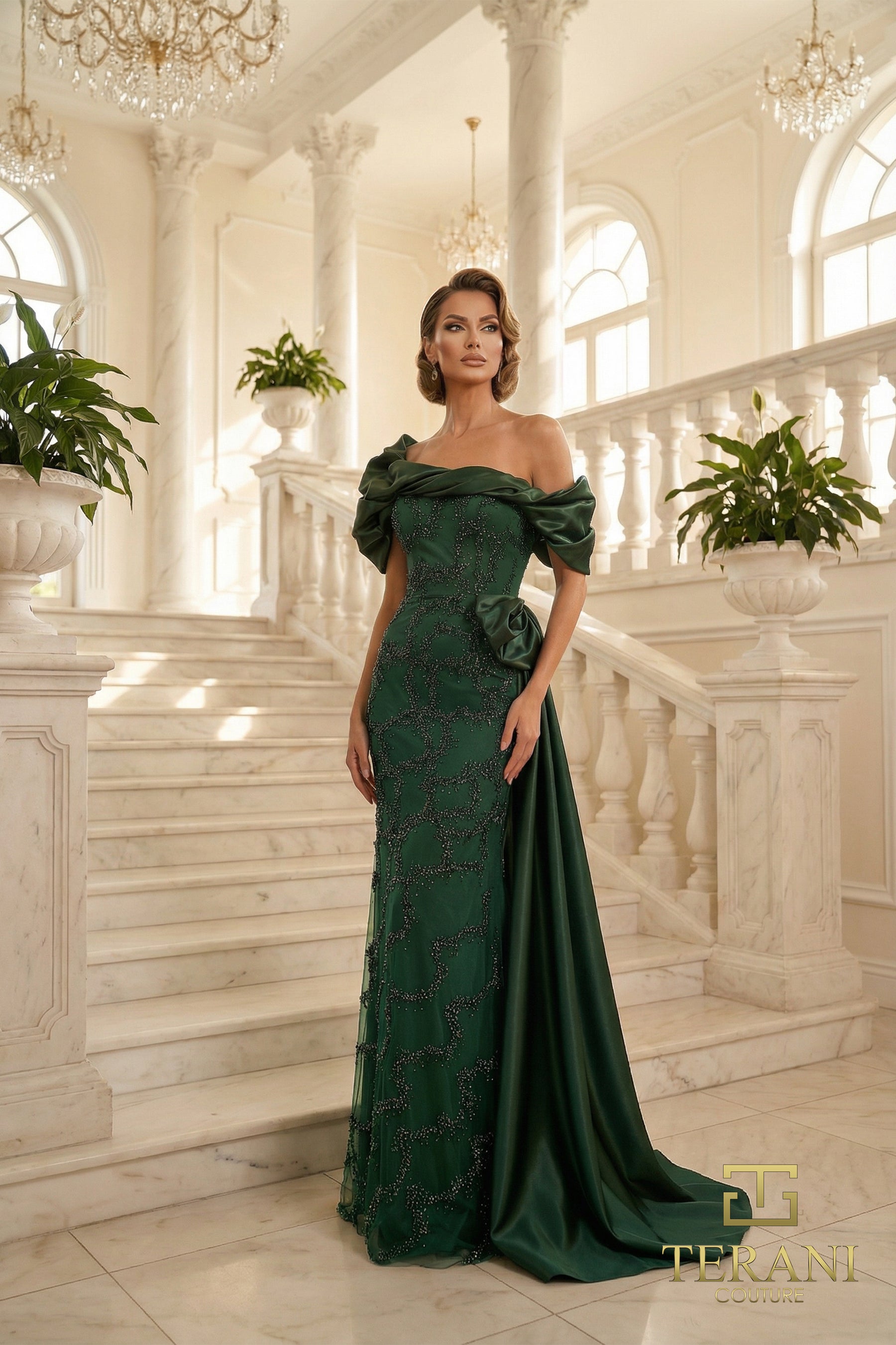 Off-the-Shoulder Floor-Length Satin Evening Sheath/Column Terani Couture 262M7321