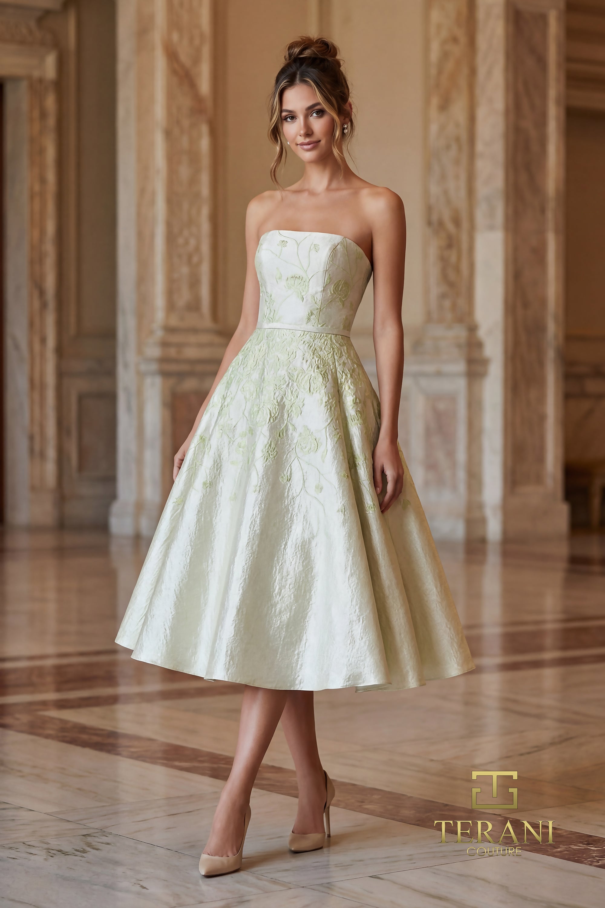 Strapless Straight Neck Tea-Length Mikado Formal A-Line Terani Couture 262C7500