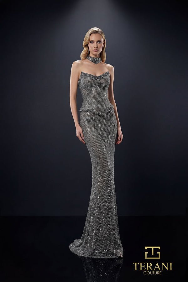 Strapless Curved Neck Floor-Length Sequin Formal Sheath Column Terani Couture 262E7081