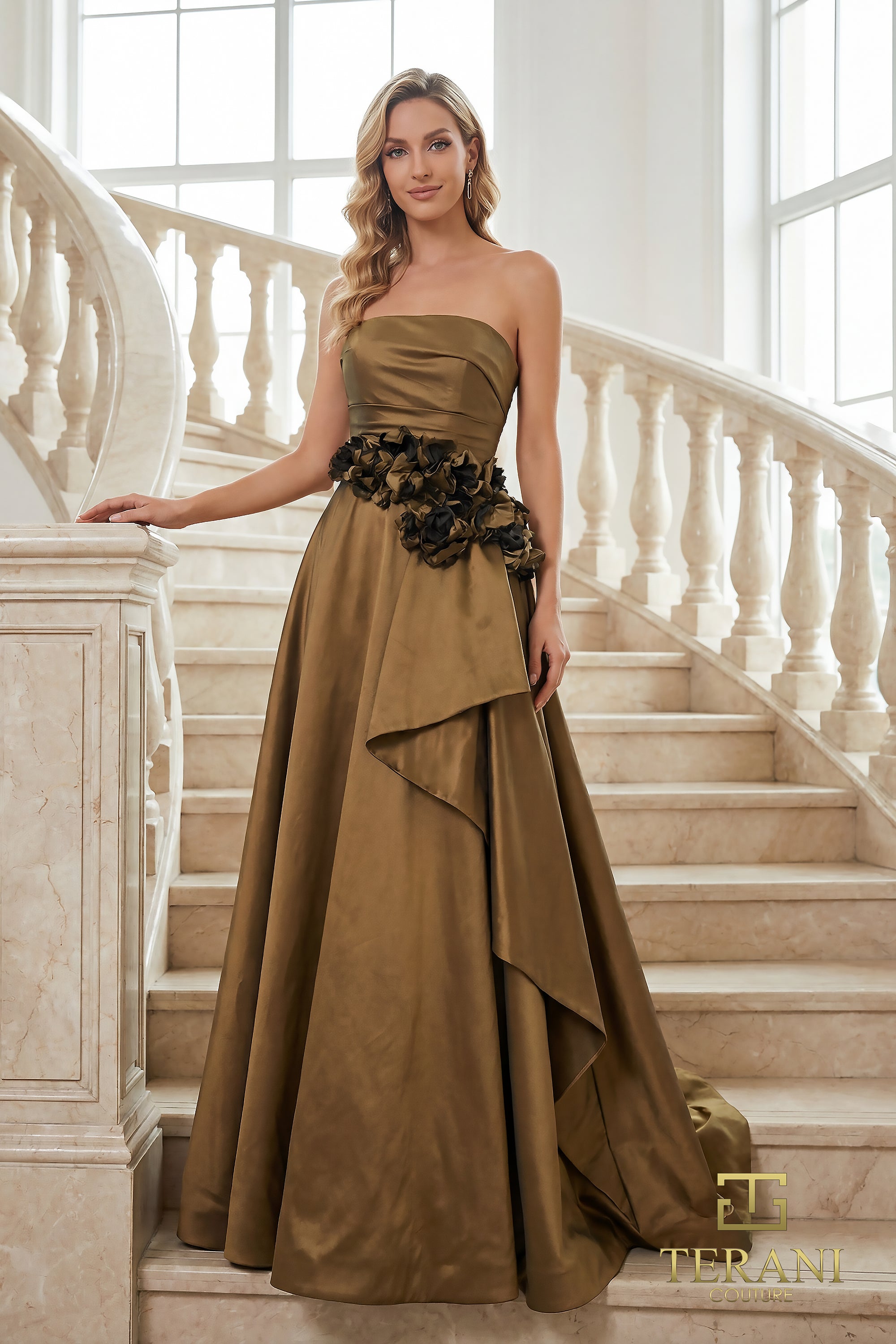 Strapless Straight Neck Floor-Length Satin Formal A-Line Terani Couture 262E7082