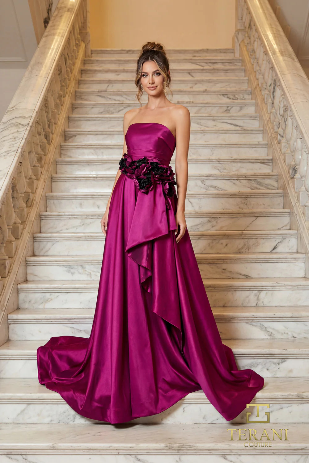 Strapless Straight Neck Floor-Length Satin Formal A-Line Terani Couture 262E7082