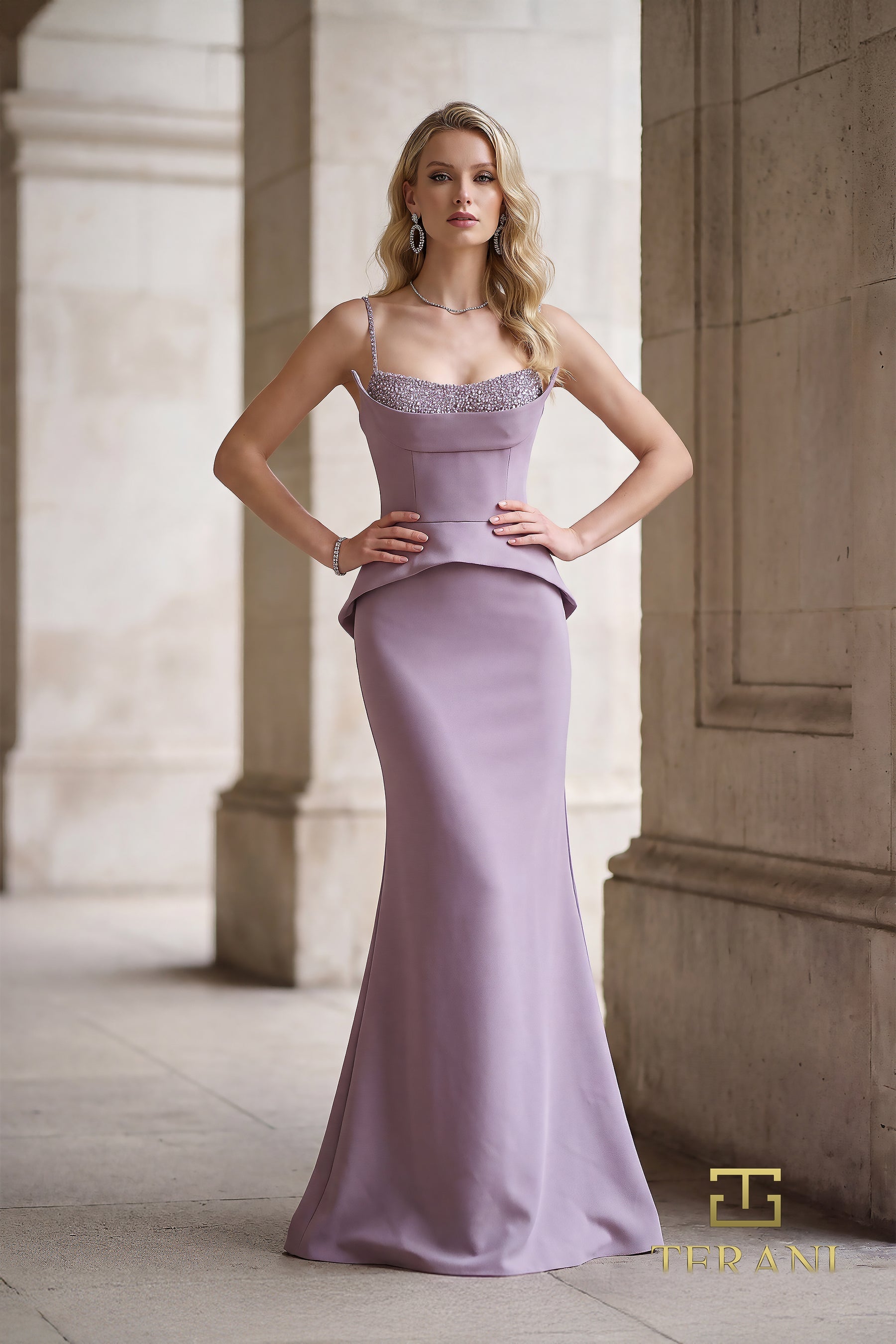 Square Neckline Floor-Length Crepe Formal Sheath/Column Terani Couture 262E7099