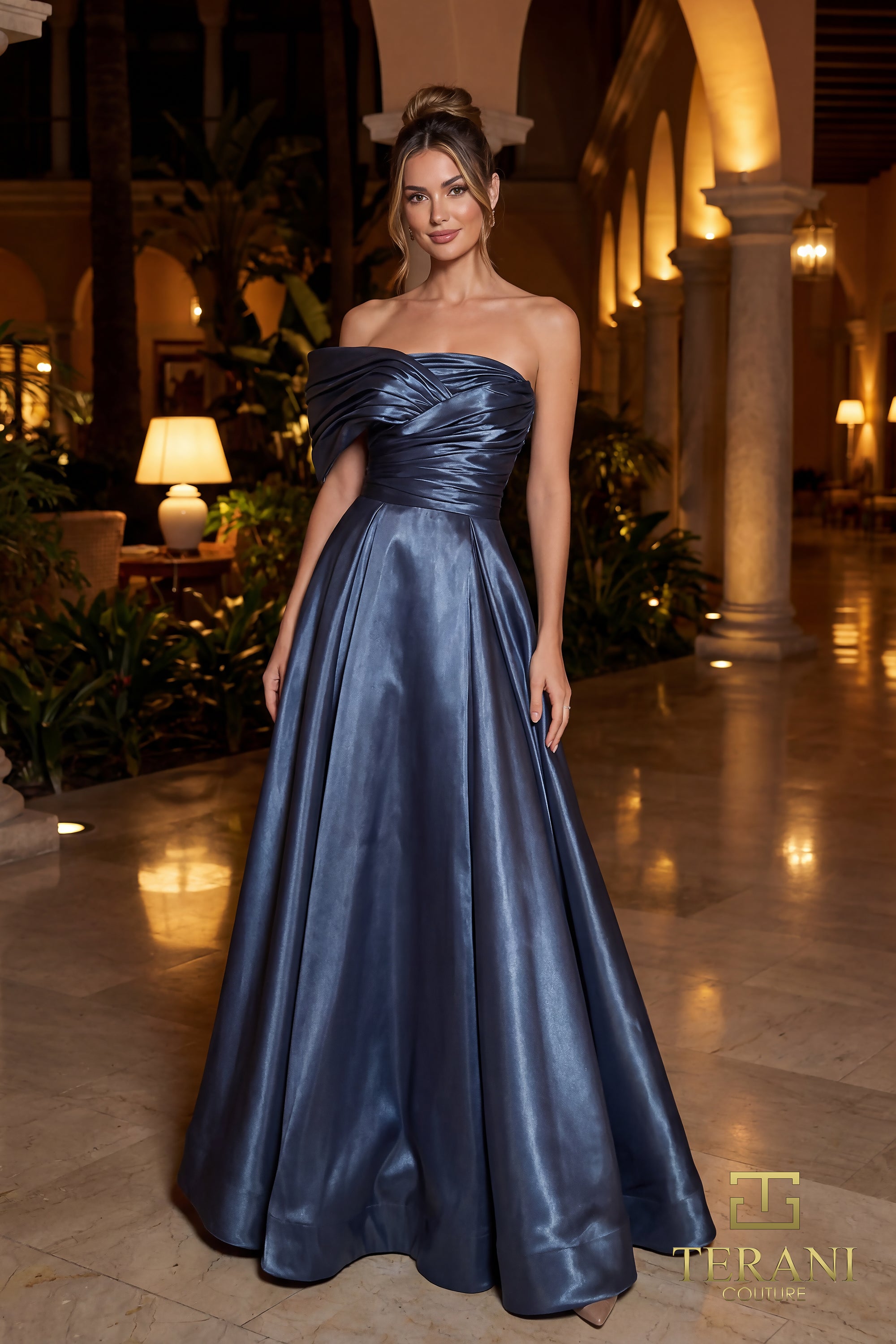 Strapless Curved Neck Floor-Length Satin Evening A-Line Terani Couture 262E7103