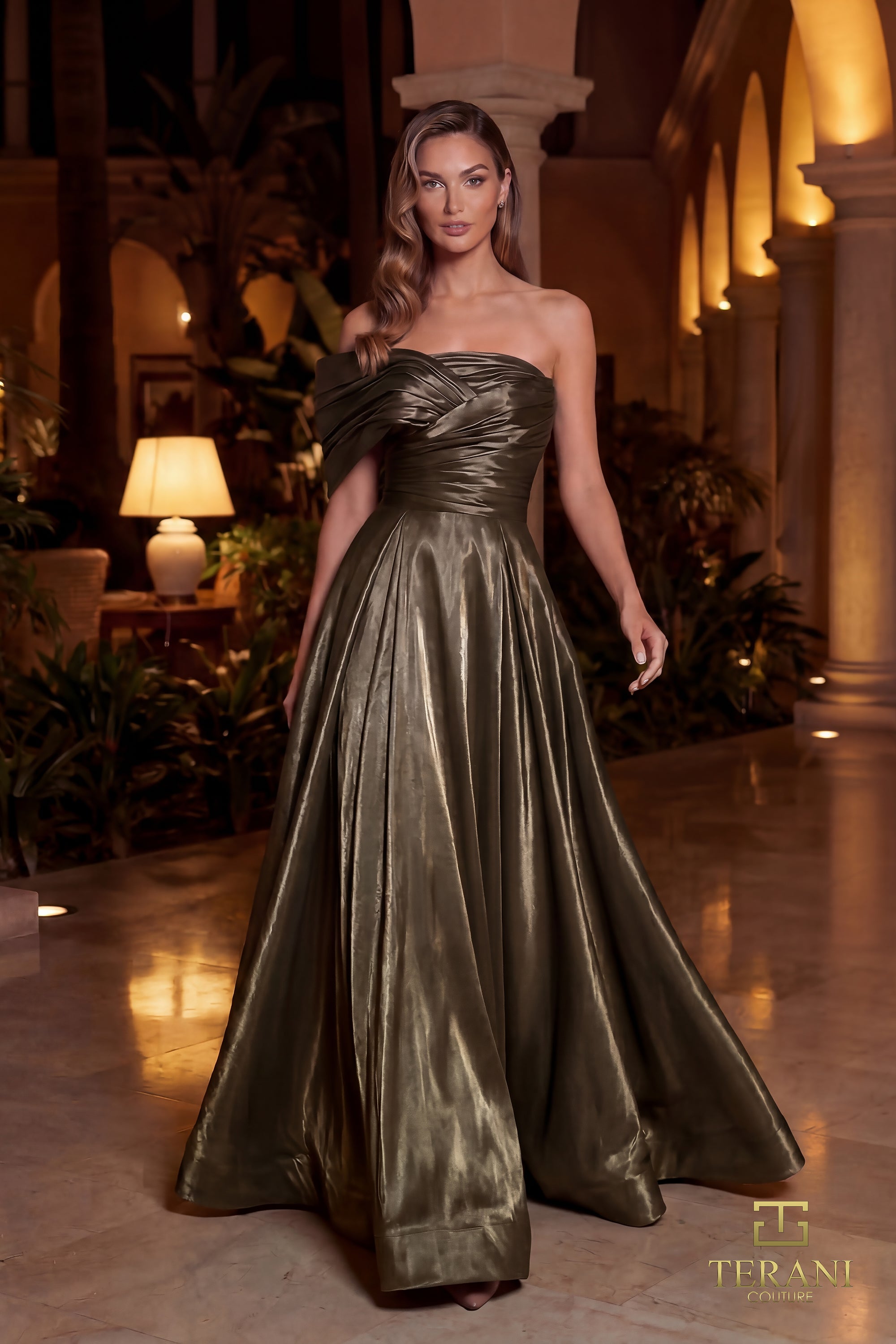 Strapless Curved Neck Floor-Length Satin Evening A-Line Terani Couture 262E7103