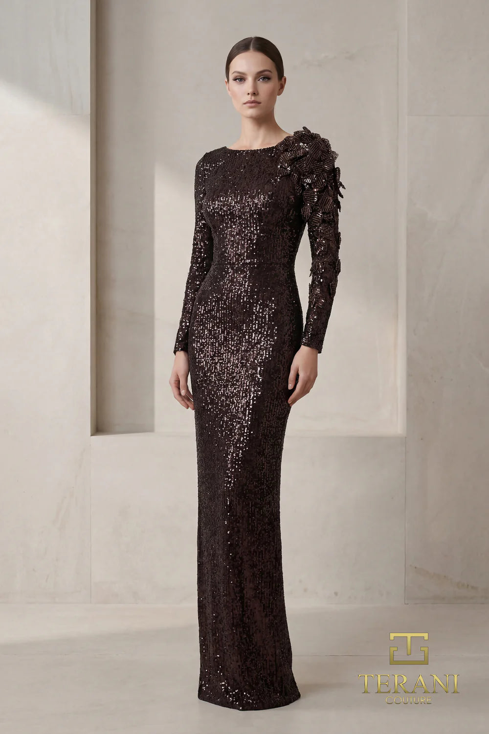 Crew High-Neck Floor-Length Sequin Formal Sheath Column Terani Couture 262E7106