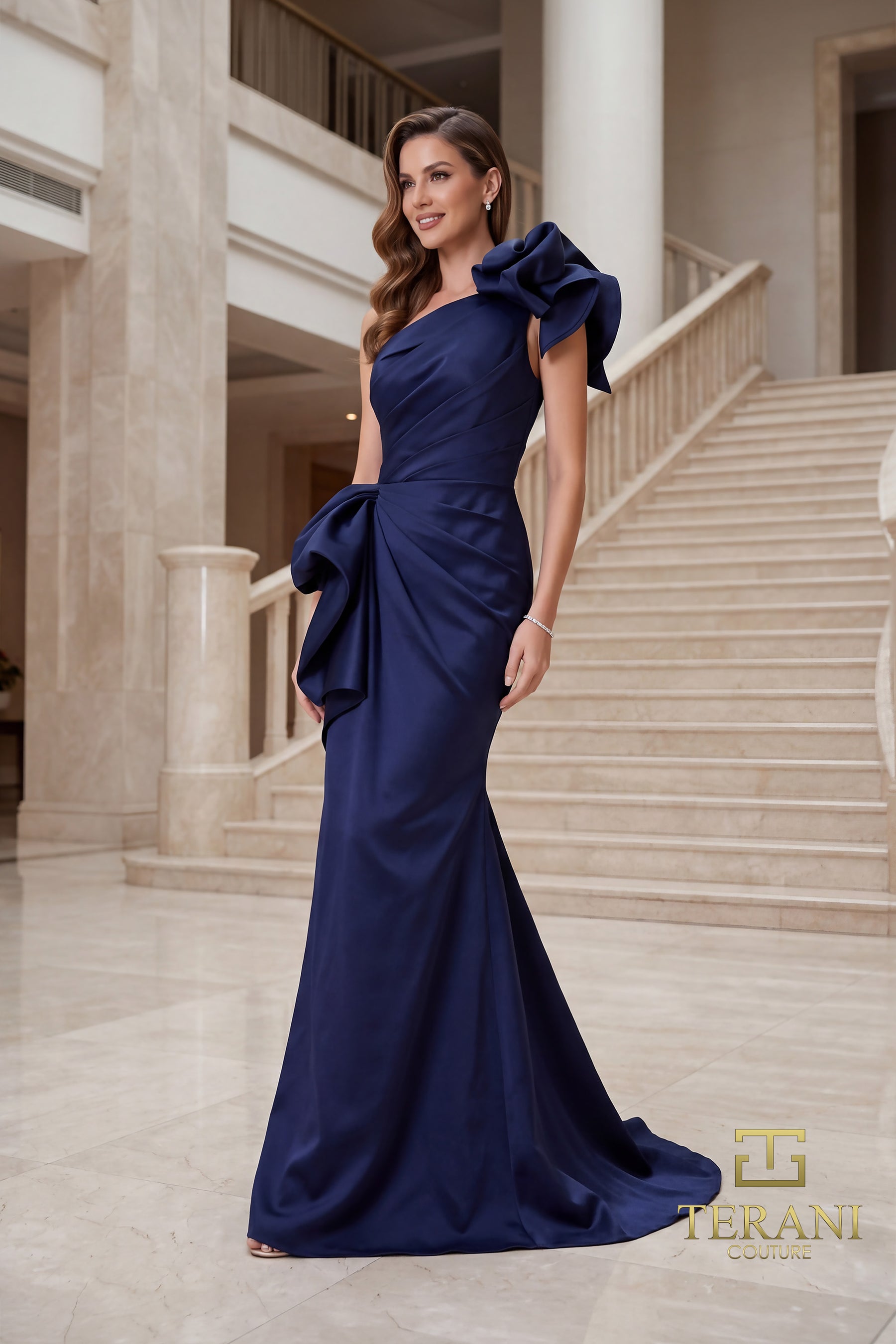 One-Shoulder Floor-Length Satin Formal Sheath Terani Couture 262E7132