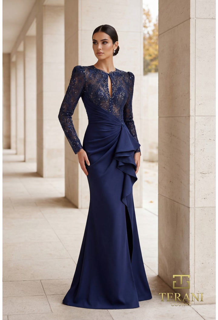 Illusion Floor-Length Crepe Formal Mermaid Gown - Terani Couture 262E7140