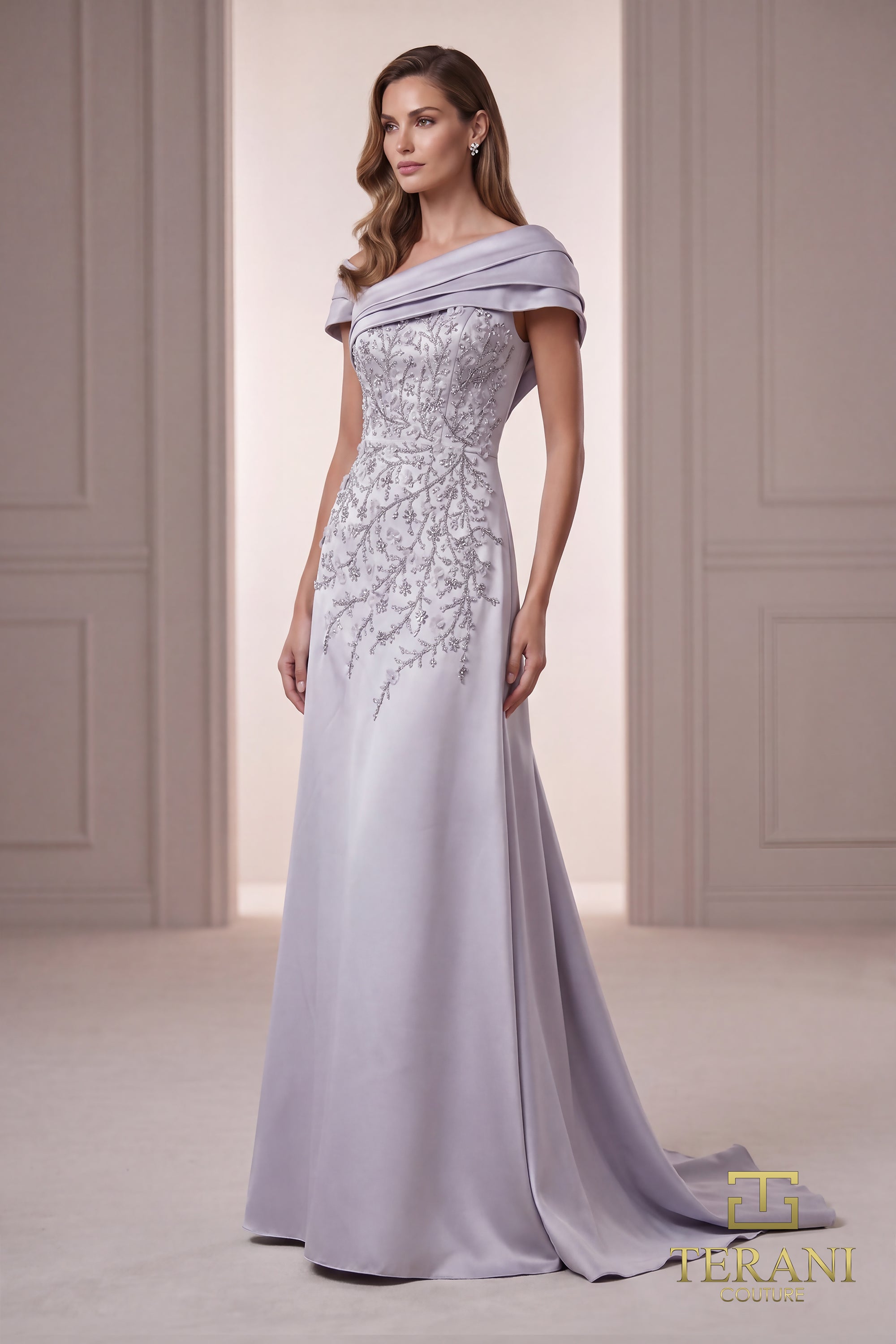 Off-the-Shoulder Floor-Length with Train Satin Formal A-Line Terani Couture 262M7258