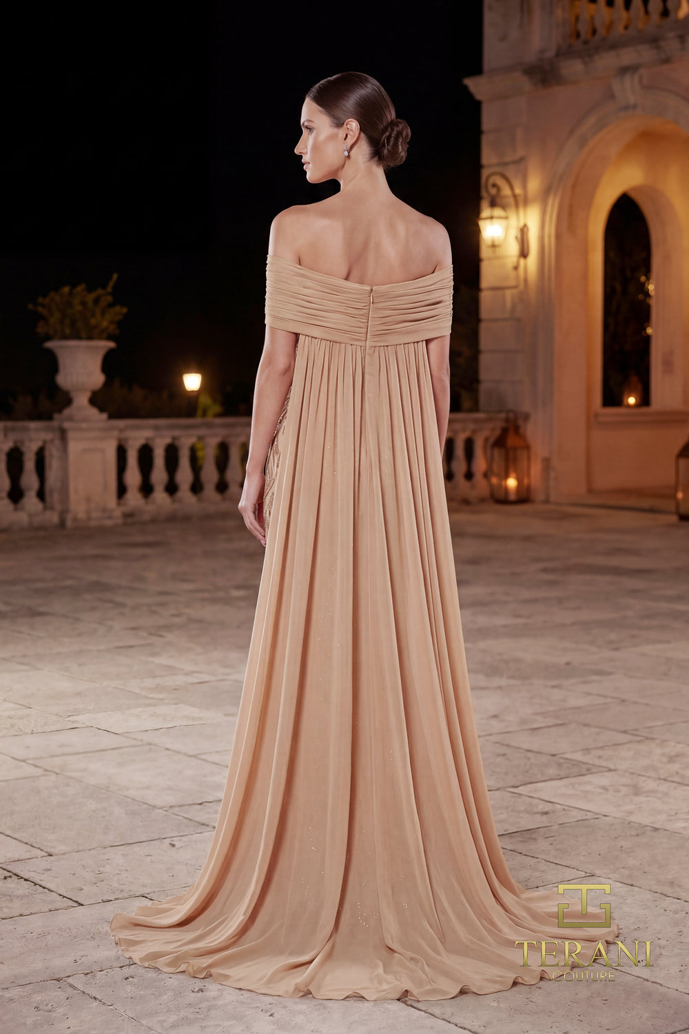 Off-the-Shoulder Floor-Length with Train Chiffon Formal Sheath/Column Terani Couture 262M7264