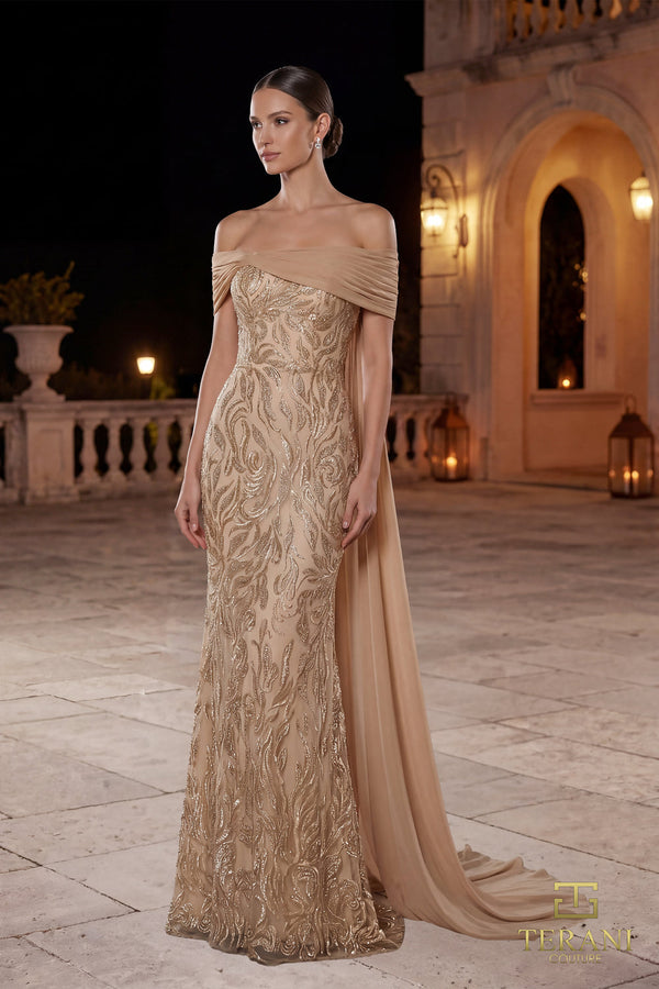 Off-the-Shoulder Floor-Length with Train Chiffon Formal Sheath Column Terani Couture 262M7264
