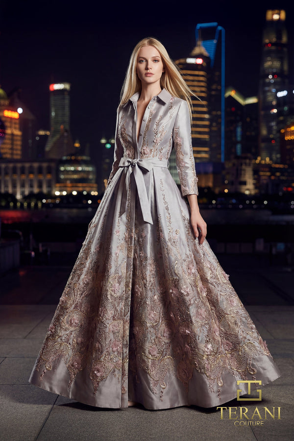 V-Neck Floor-Length Satin Formal A-Line Terani Couture 262M7269