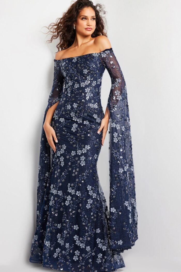 Formal Dresses Long Floral Formal Printed Sequin Evening Dress  Navy
