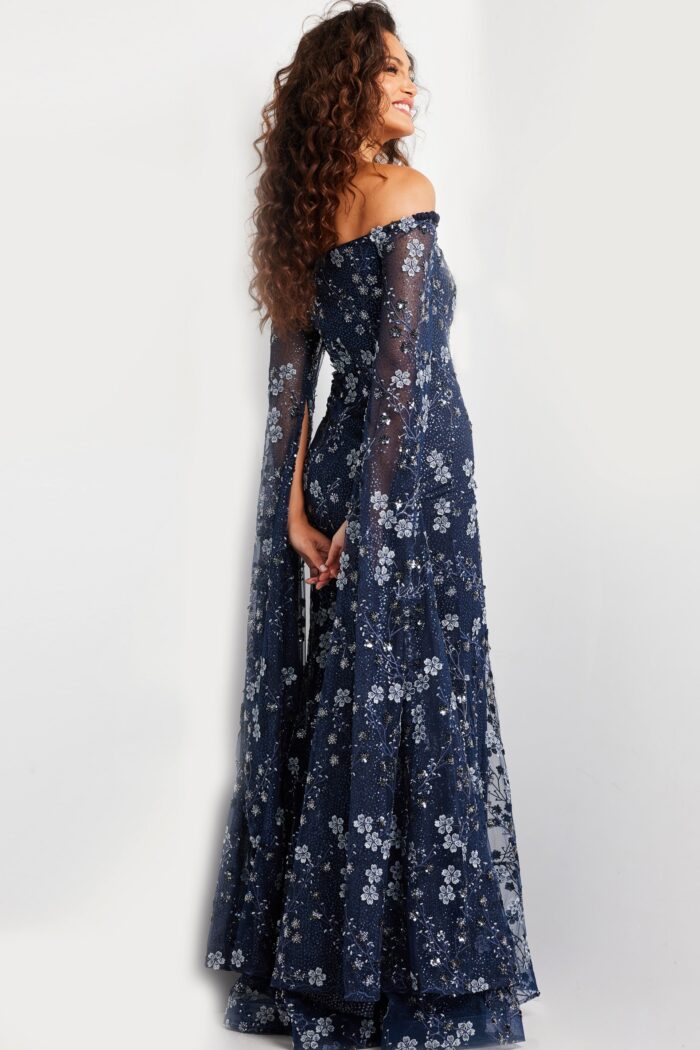 Formal Dresses Long Floral Formal Printed Sequin Evening Dress  Navy