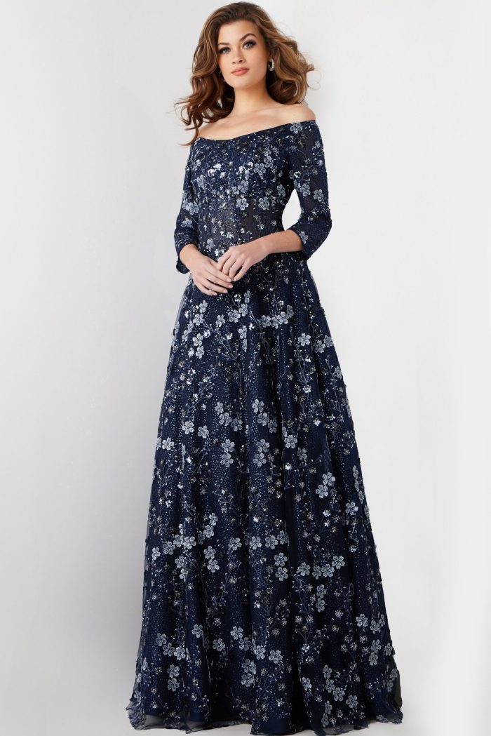 Formal Dresses Long Floral Ball Gown Formal Dress Navy
