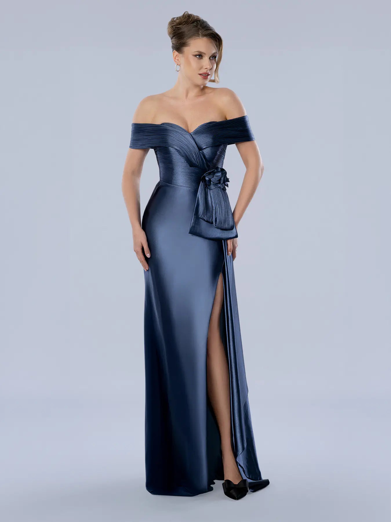 Slate Off-the-Shoulder Floor-Length Satin Formal Evening Gown with Side Slit Stella Couture 26351