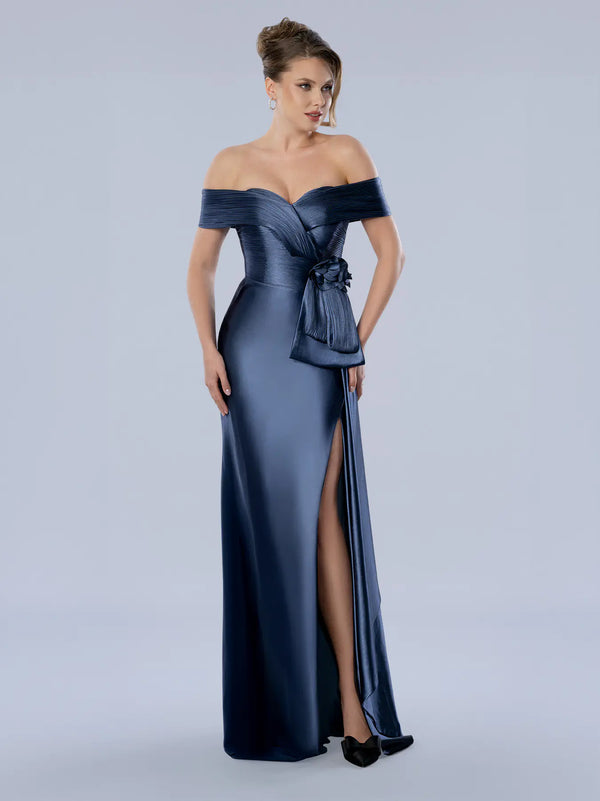 Off-the-Shoulder Floor-Length Satin Formal Evening Gown with Side Slit Stella Couture 26351