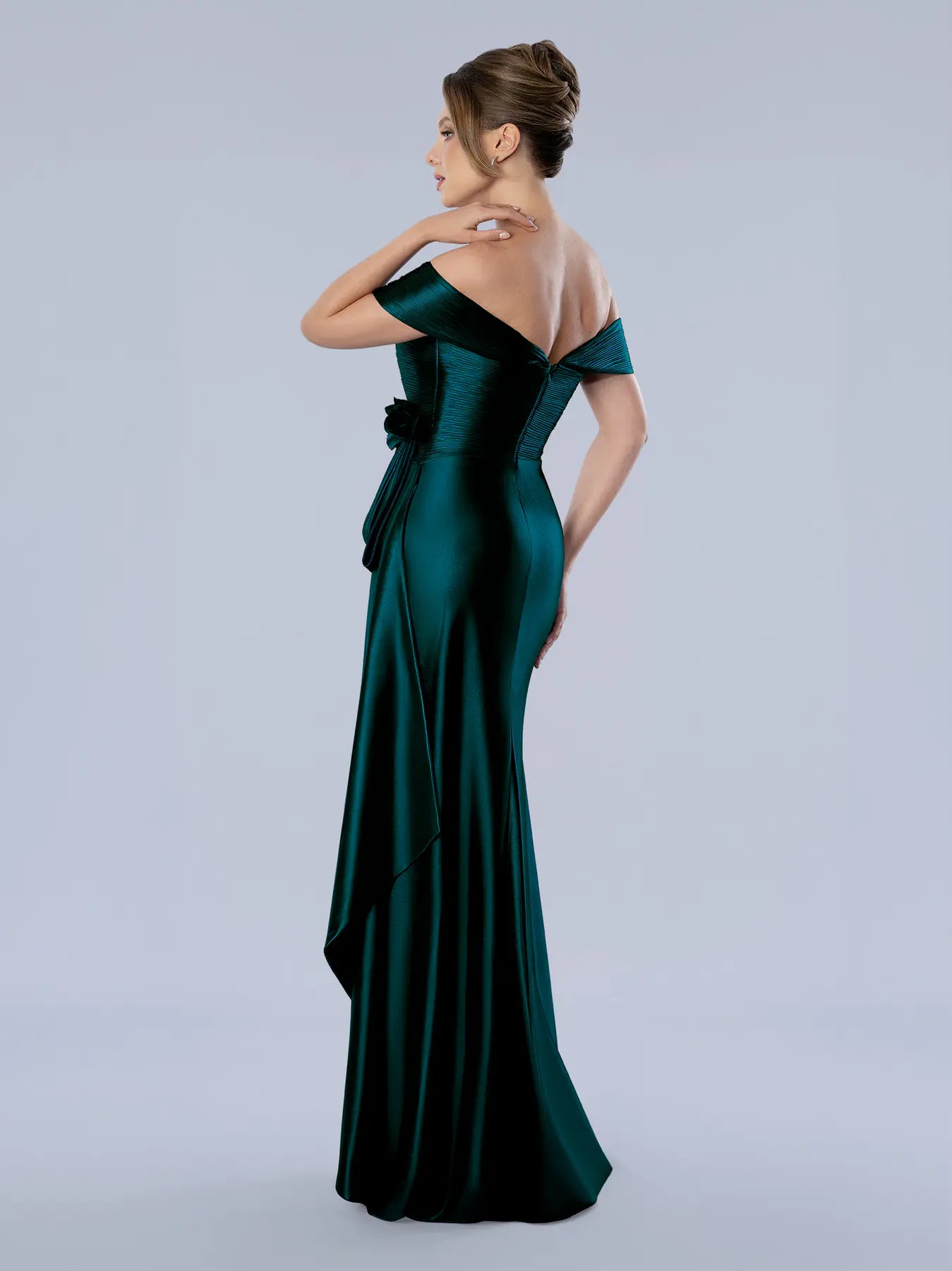 Emerald Off-the-Shoulder Floor-Length Satin Formal Evening Gown with Side Slit Stella Couture 26351