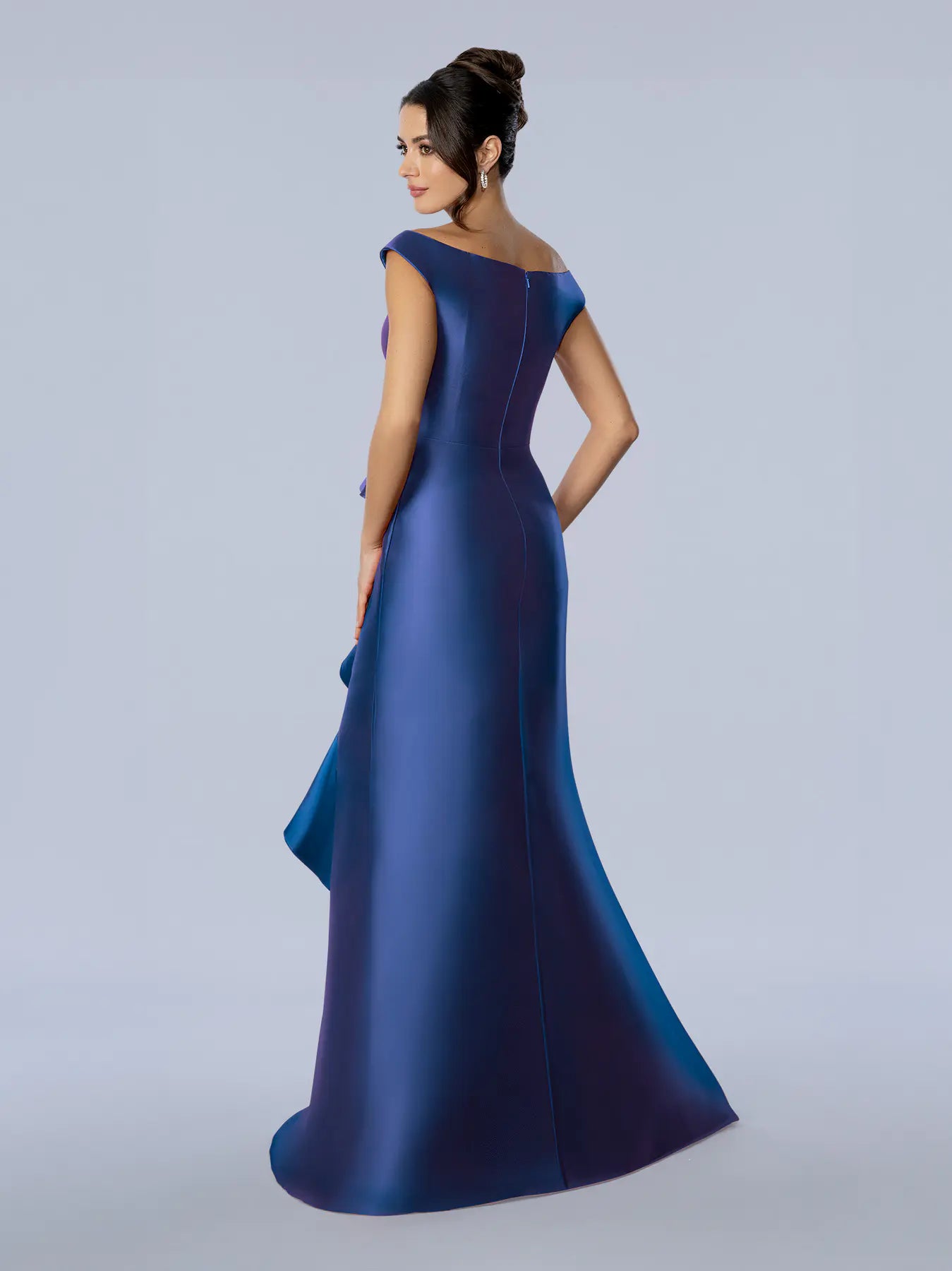 Royal Blue Off-the-Shoulder Floor-Length Satin Peplum Formal Dress with Ruffle Detail Stella Couture 26352