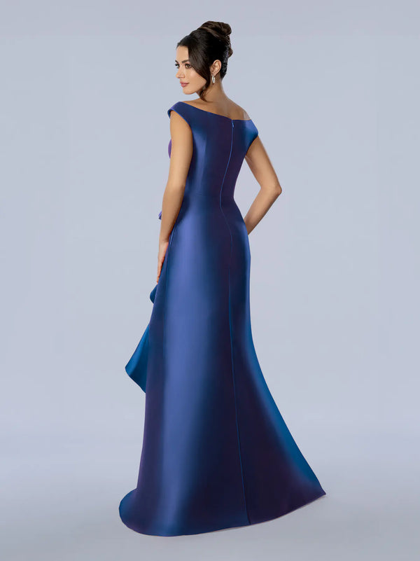 Off-the-Shoulder Floor-Length Satin Peplum Formal Dress with Ruffle Detail Stella Couture 26352