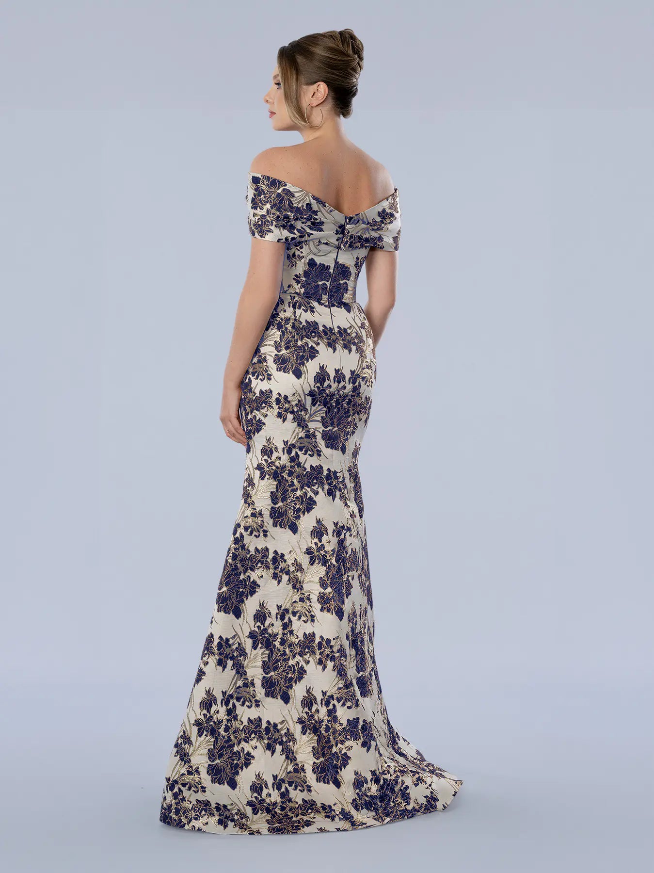 Off-the-Shoulder Floor-Length Floral Brocade Trumpet Evening Gown Stella Couture 26359