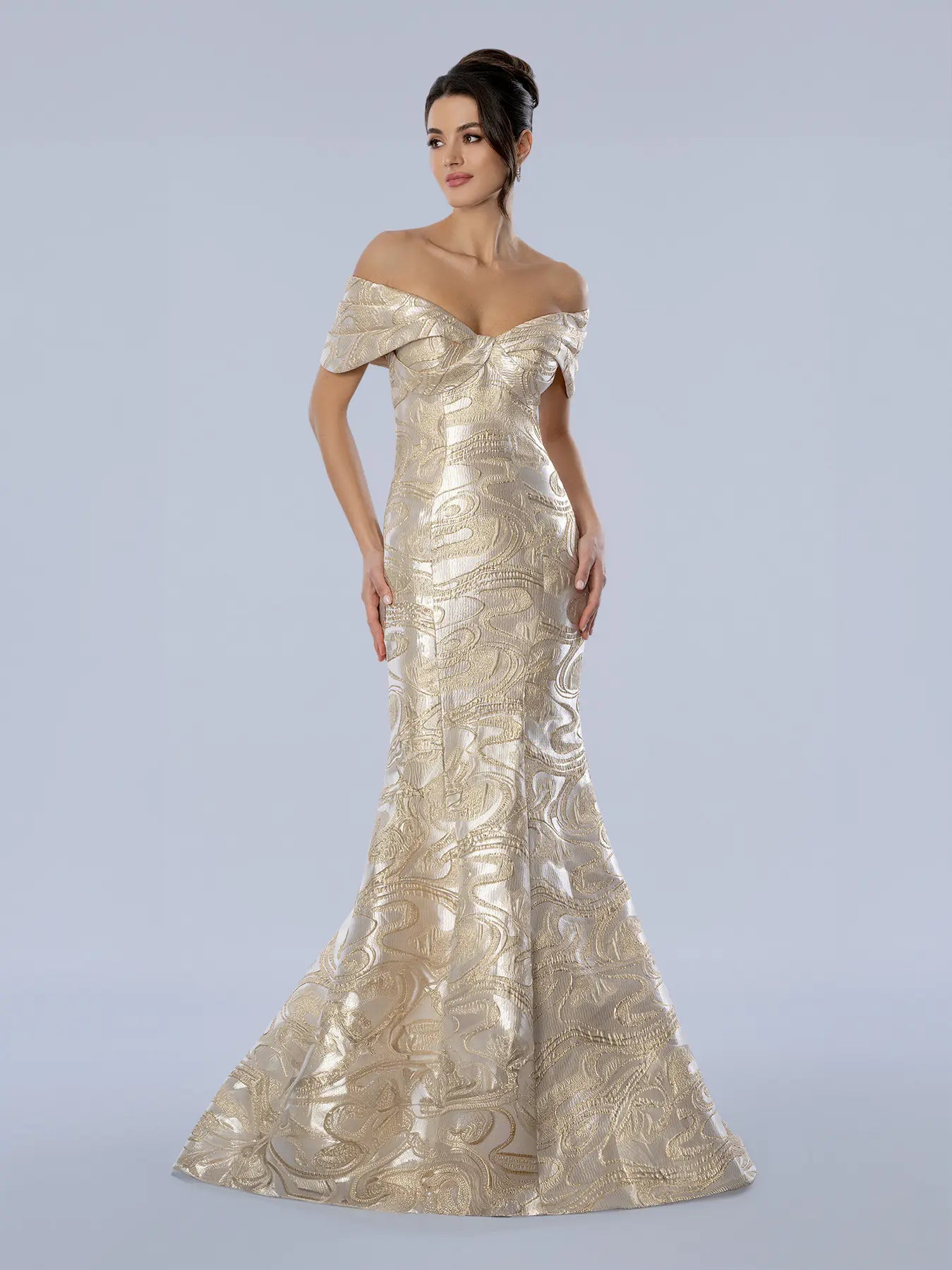 Gold Off-the-Shoulder Floor-Length Metallic Brocade Formal Mermaid Gown Stella Couture 26360