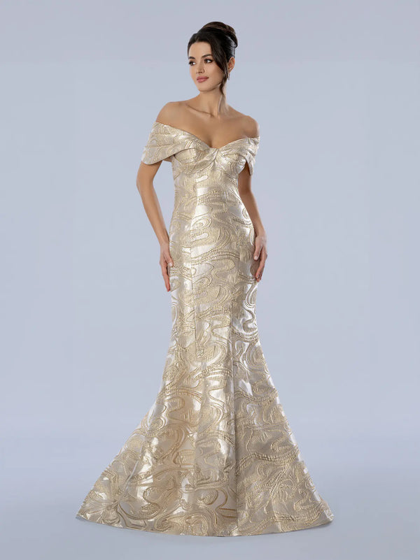 Off-the-Shoulder Floor-Length Metallic Brocade Formal Mermaid Gown Stella Couture 26360