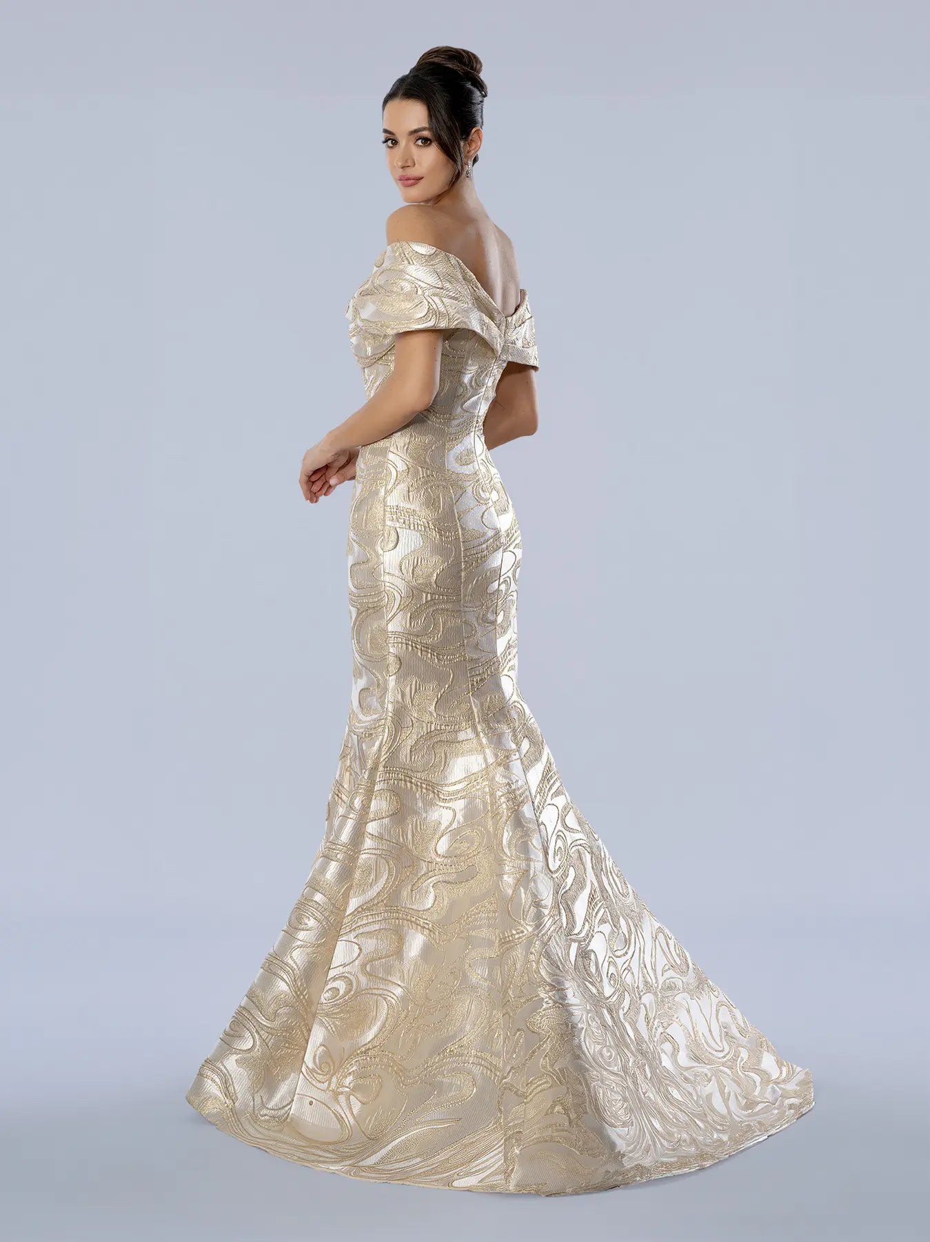 Gold Off-the-Shoulder Floor-Length Metallic Brocade Formal Mermaid Gown Stella Couture 26360