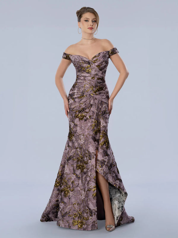 Off-the-Shoulder Floor-Length Floral Brocade Formal Gown with Front Slit Stella Couture 26361