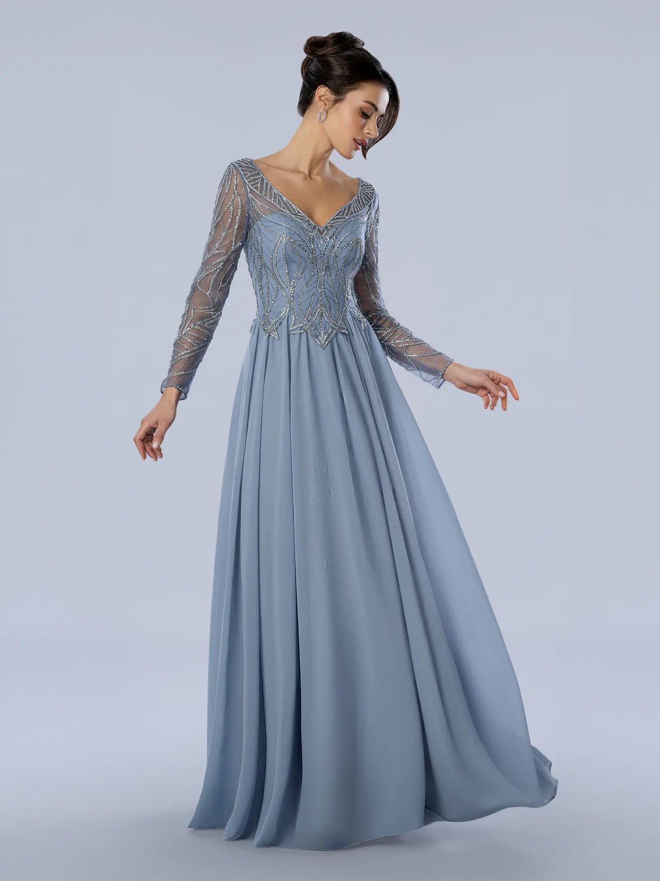 Slate V-Neck Floor-Length Chiffon Long Sleeve Formal A-Line Gown Stella Couture 26364