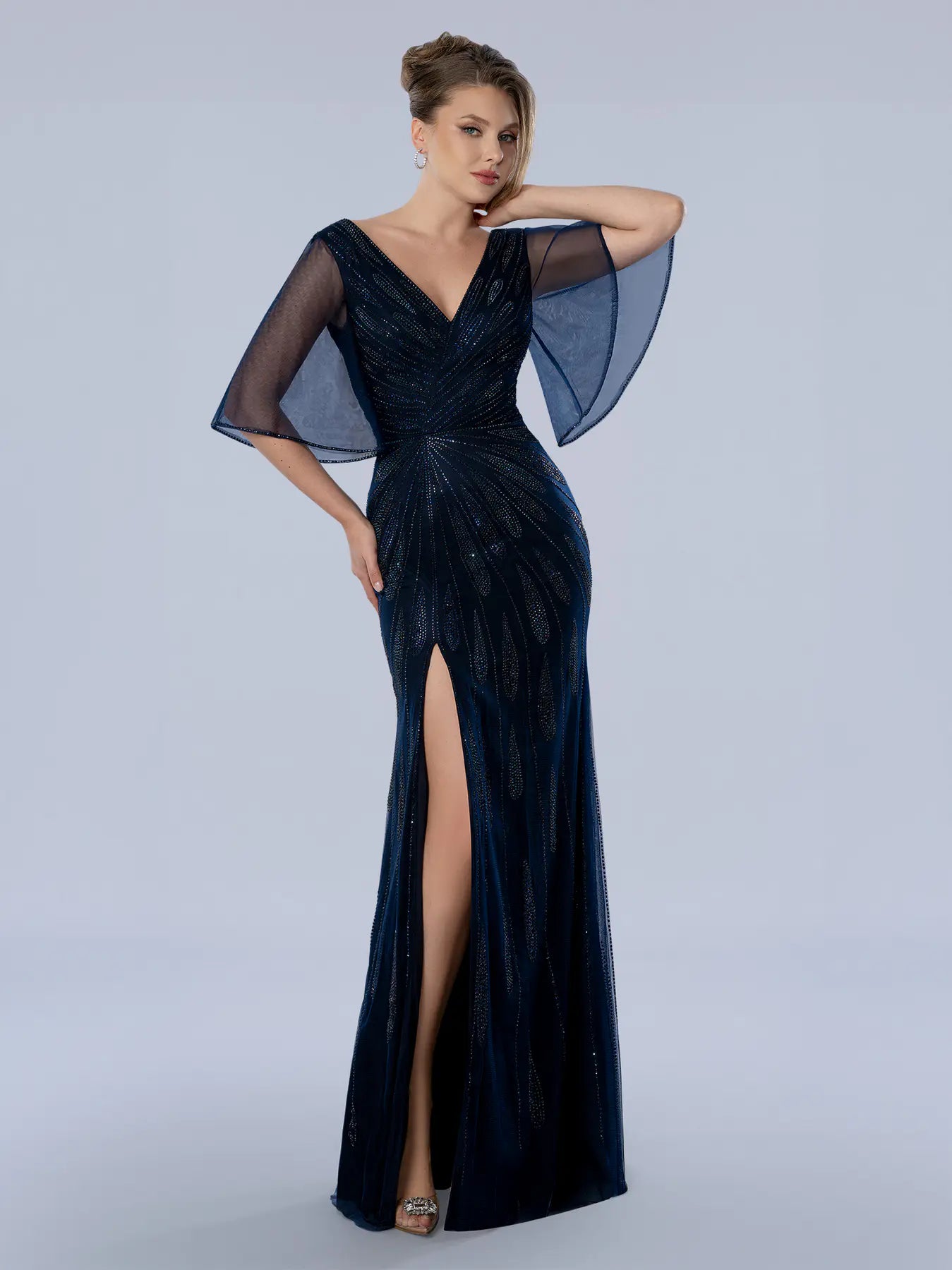 Navy V-Neck Floor-Length Sequin Mesh Formal Gown with Flutter Sleeves Stella Couture 26365