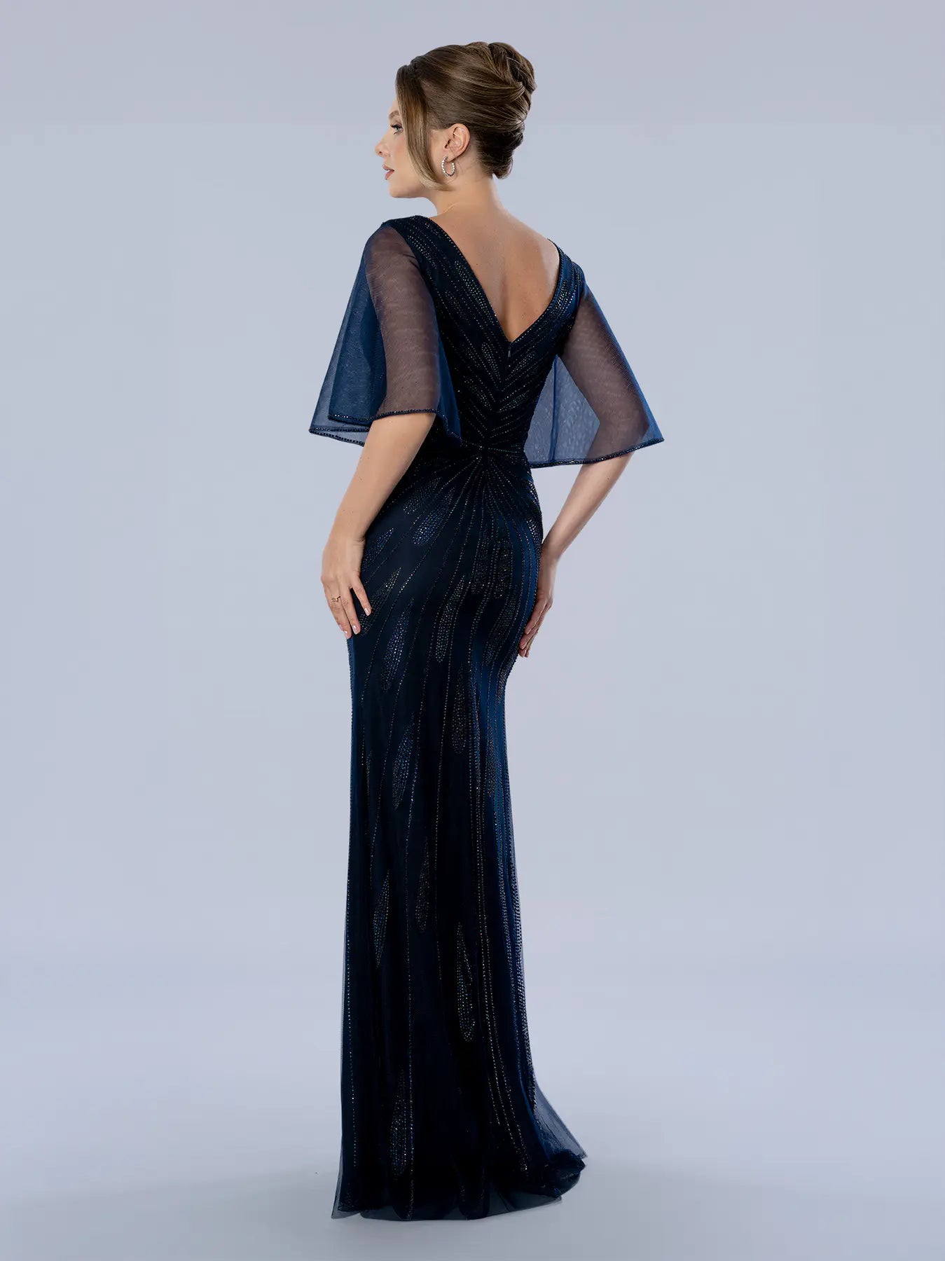 Navy V-Neck Floor-Length Sequin Mesh Formal Gown with Flutter Sleeves Stella Couture 26365