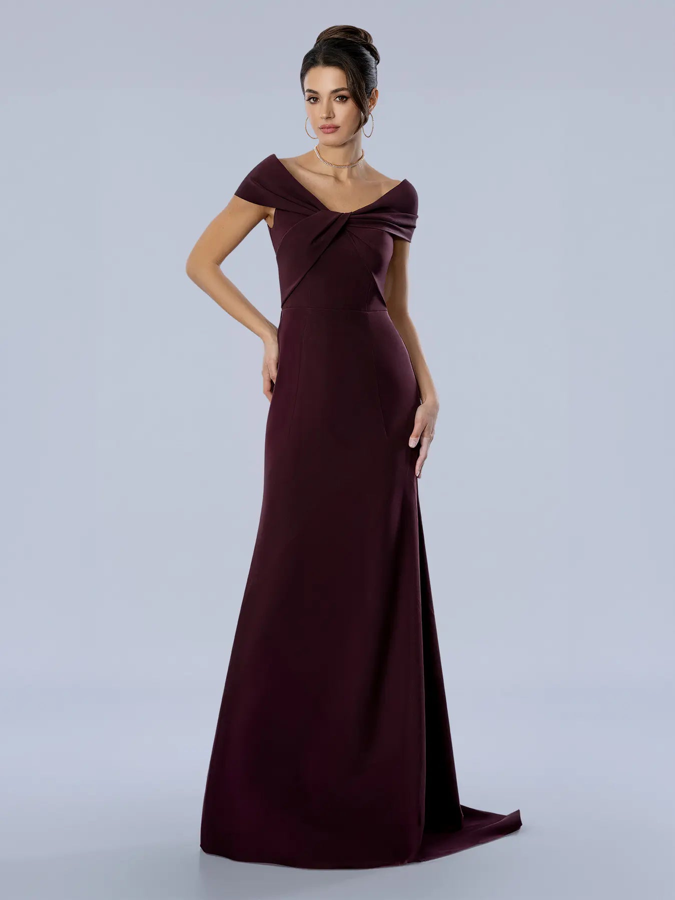 Burgundy Off-the-Shoulder Floor-Length Scuba Formal Evening Gown with Twist Bodice Stella Couture 26368