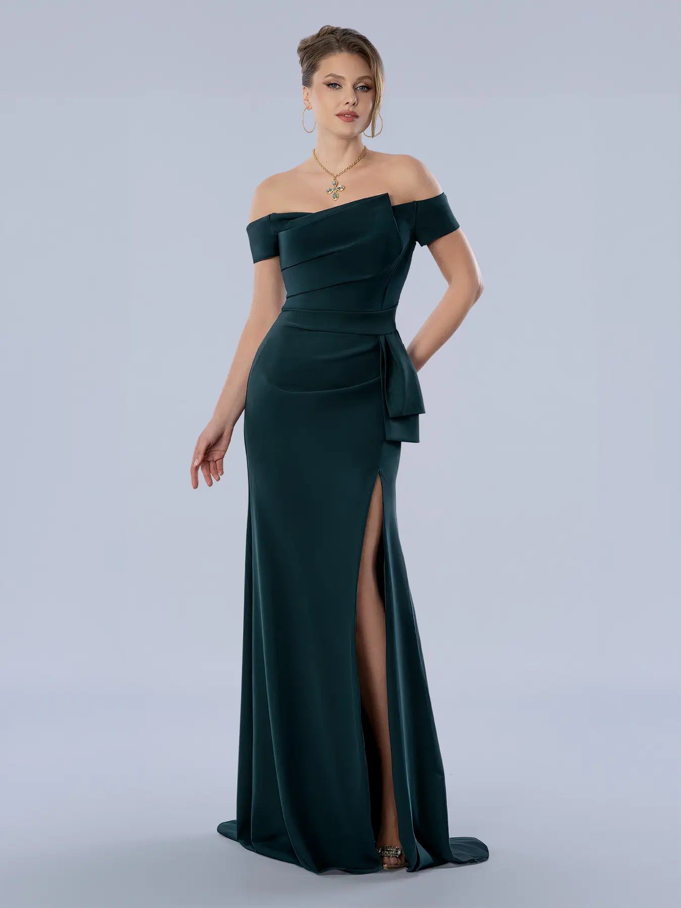 Emerald Off-the-Shoulder Floor-Length Scuba Formal Gown with Side Drape Stella Couture 26371