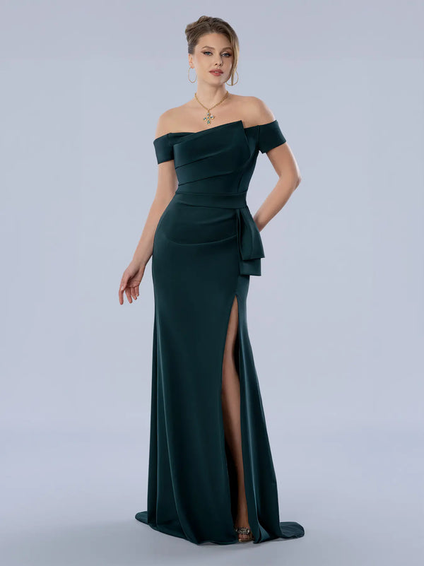 Off-the-Shoulder Floor-Length Scuba Formal Gown with Side Drape Stella Couture 26371