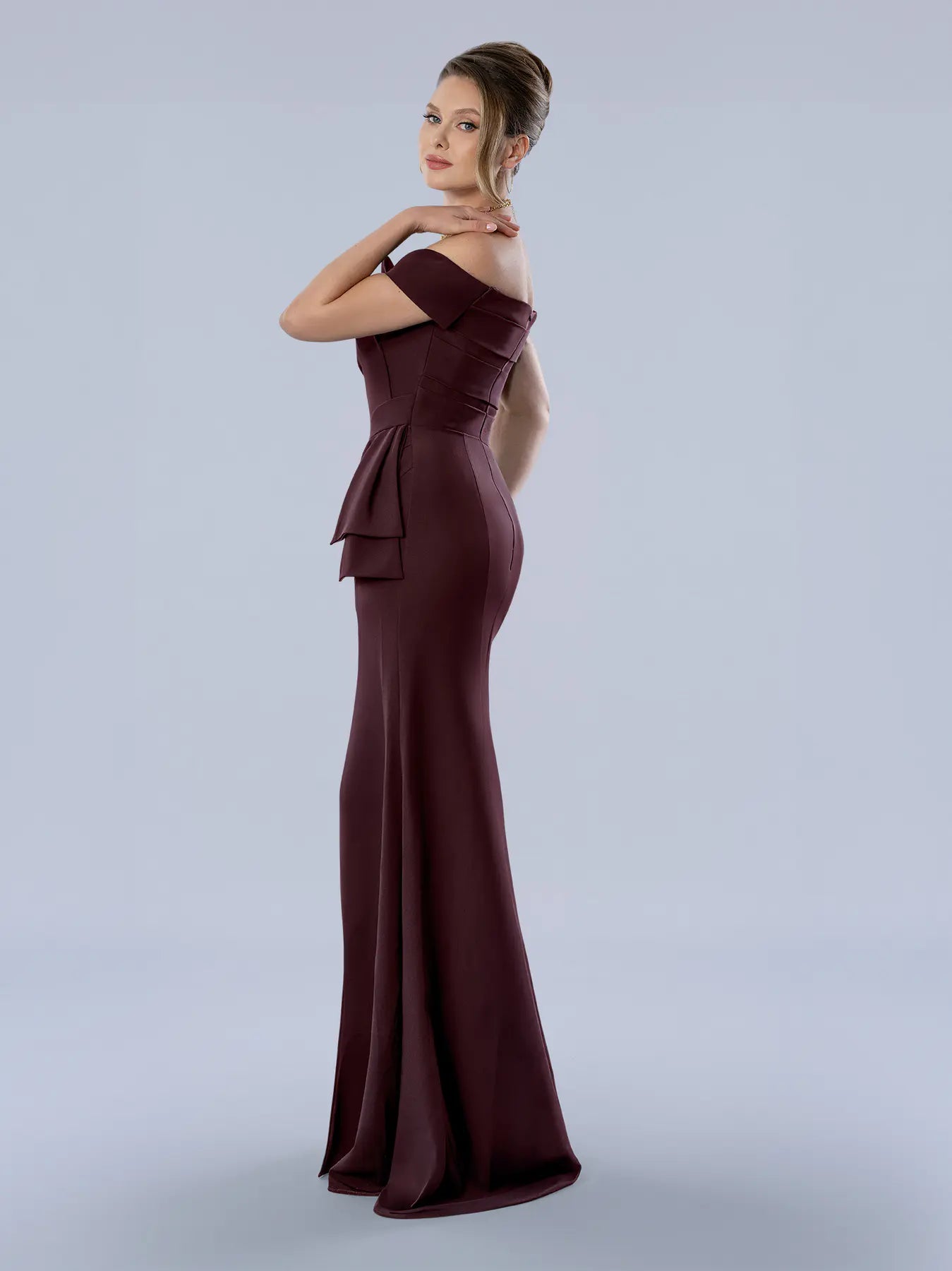 Burgundy Off-the-Shoulder Floor-Length Scuba Formal Gown with Side Drape Stella Couture 26371