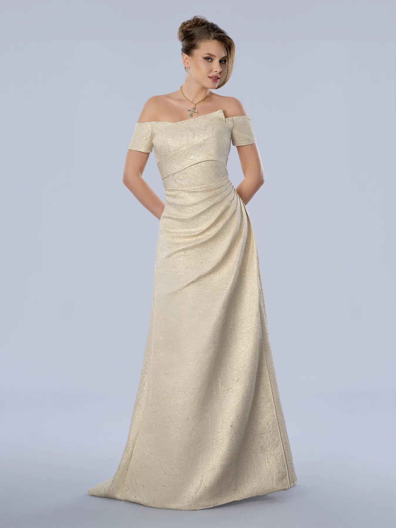 Champagne Off-the-Shoulder Floor-Length Glitter Mesh Formal A-Line Gown Stella Couture 26373