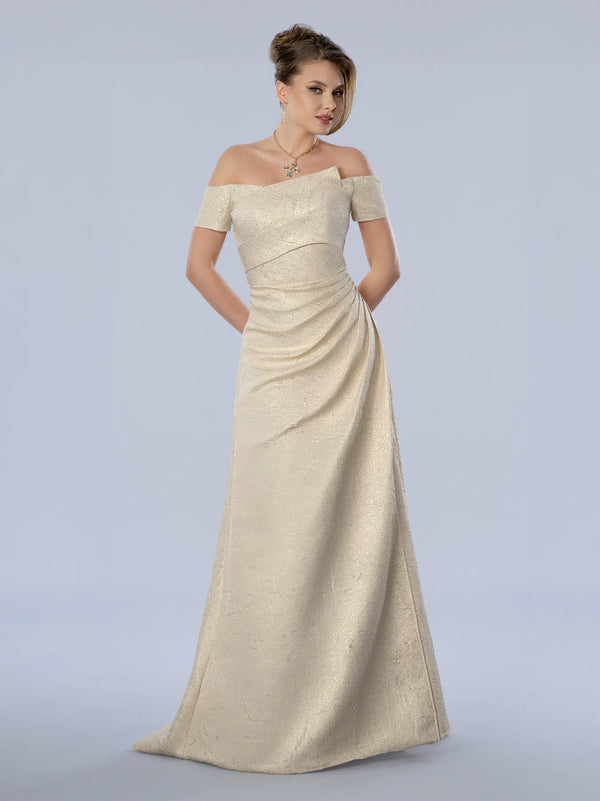 Off-the-Shoulder Floor-Length Glitter Mesh Formal A-Line Gown Stella Couture 26373