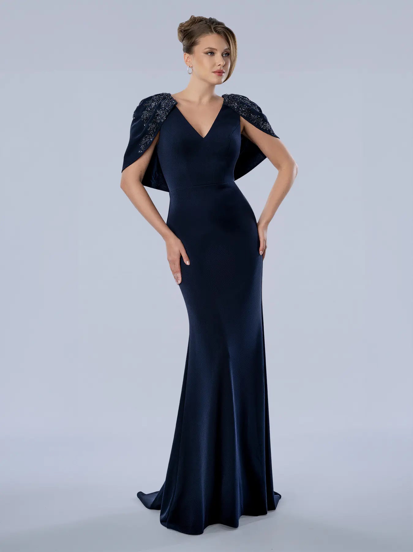 Navy V-Neck Floor-Length Jersey Formal Gown with Beaded Cape Sleeves Stella Couture 26377