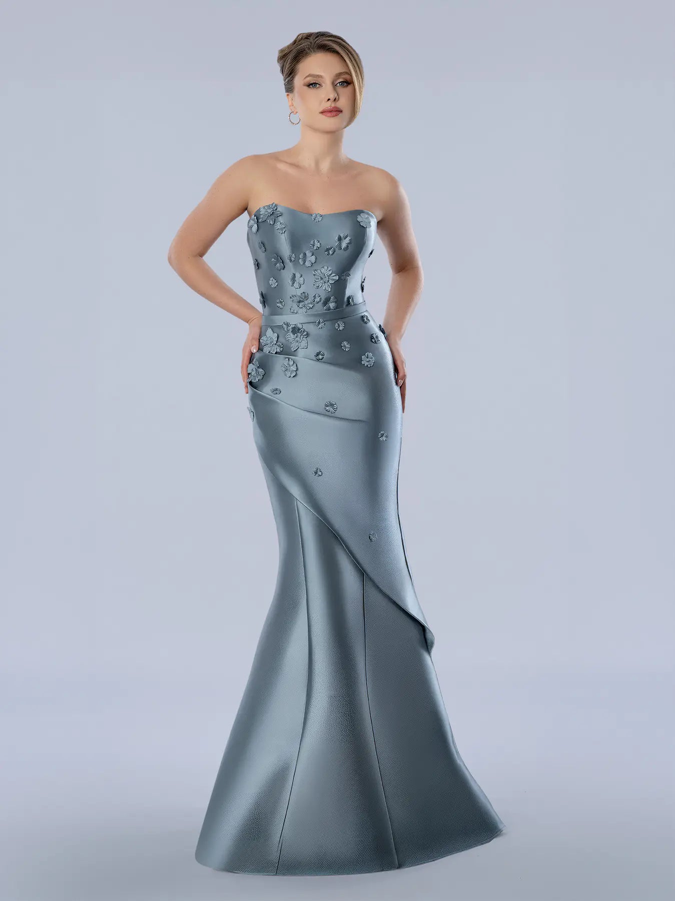 Strapless Floor-Length Mikado Formal Trumpet Gown with 3D Floral Appliques  Stella Couture 26379 – The Dress Outlet
